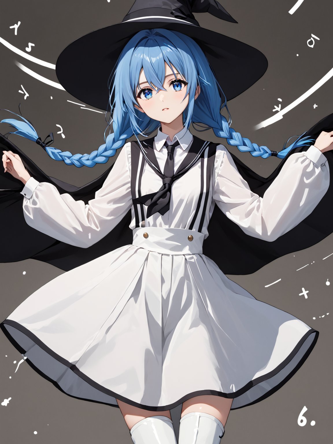 score_9,score_8_up,score_7_up,score_6_up, masterpiece, best quality, highres
,//Character, 
1girl, solo,roxy migurdia, long hair, blue hair, blue eyes, hair between eyes, twin braids, crossed bangs, black ribbon, ahoge
,//Fashion, 
white collar, white shirt, brown cape, brown sleeves, long sleeves, black necktie, white dress, pinafore dress, zettai ryouiki, white thigh boots
,//Background, 
,//Others, ,Expressiveh,2b-Eimi,
A girl riding a giant pencil like a witch's broomstick, soaring through a sky filled with floating mathematical equations.