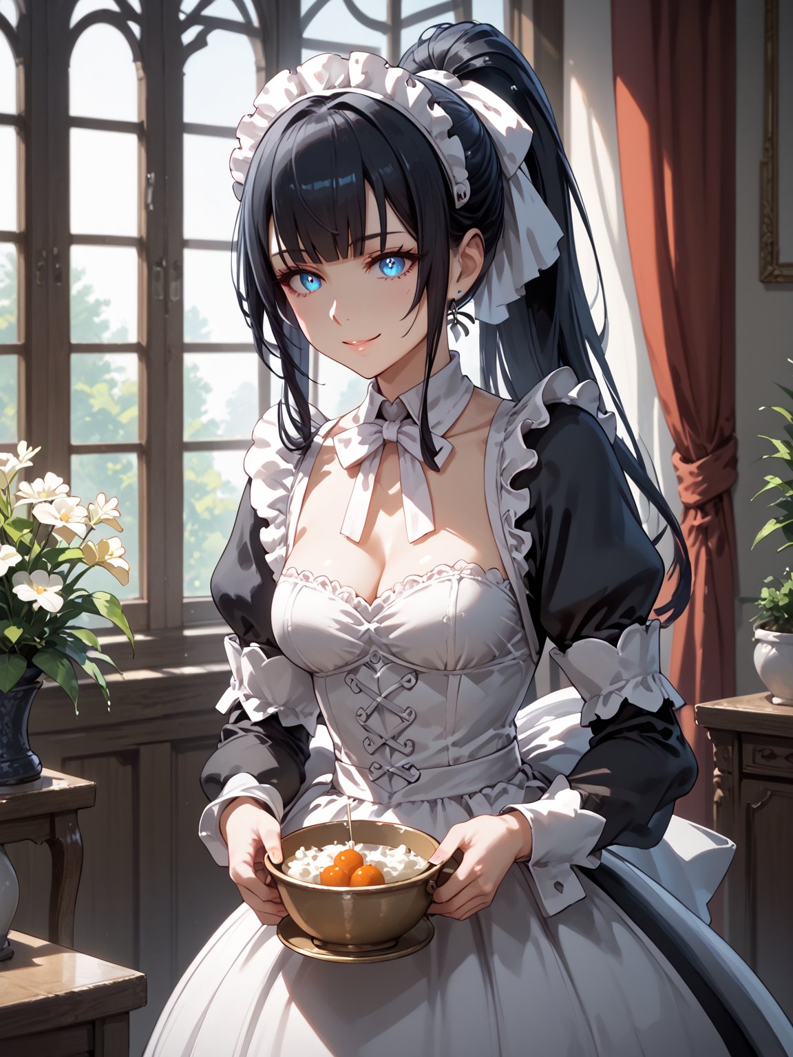 score_9,score_8_up,score_7_up,score_6_up, masterpiece, best quality, highres
,//Character, 
1girl,narberal gamma \(overlord\), long hair, black hair, glay eyes, bangs, ponytail, medium breats
,//Fashion, 
maid
,//Background, 
,//Others, ,Expressiveh, 
A young girl carefully watering her first sprout in a small pot, sunlight highlighting her proud smile.