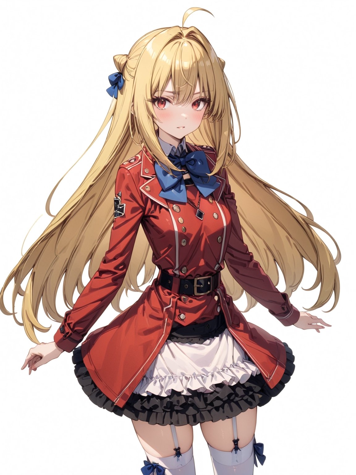 //Quality, masterpiece, best quality, detailmaster2, 8k, 8k UHD, ultra detailed, ultra-high resolution, ultra-high definition, highres, 
//Character, 1girl, solo,Terakomari, long hair, blonde hair, red eyes, ahoge, ribbon,
//Fashion, red coat, belt buckle, blue bowtie, long sleeves, skirt, blue bow, white thighhighs, garter straps, boots, 
//Background, white background, 
//Others, 