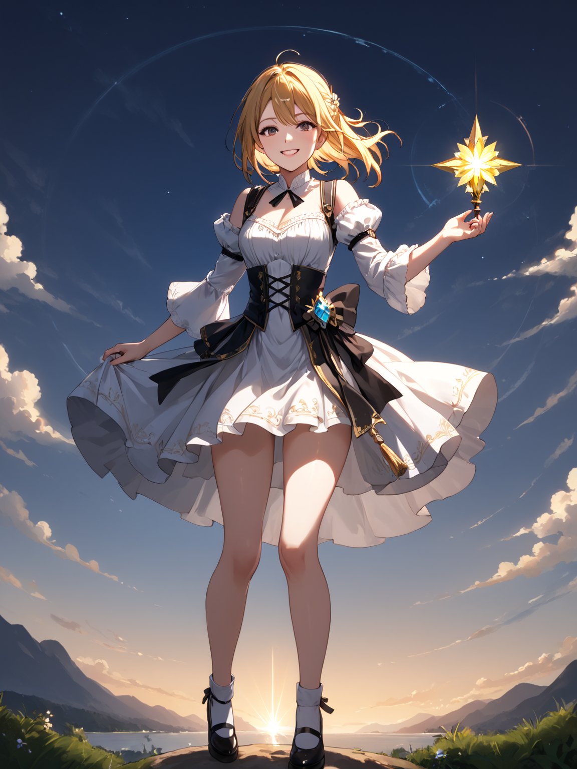 masterpiece, best quality, highres
,//Character, 
1girl, solo
,//Fashion, 
,//Background, white background
,//Others, ,Expressiveh, 
,AobaTsukuyo,
The girl standing triumphantly atop a hill, silhouetted against a beautiful sunset. She's holding a magical artifact that glows with rainbow colors. Her posture is confident, and a smile of accomplishment lights up her face. Fireflies dance around her, adding a magical touch to the scene.