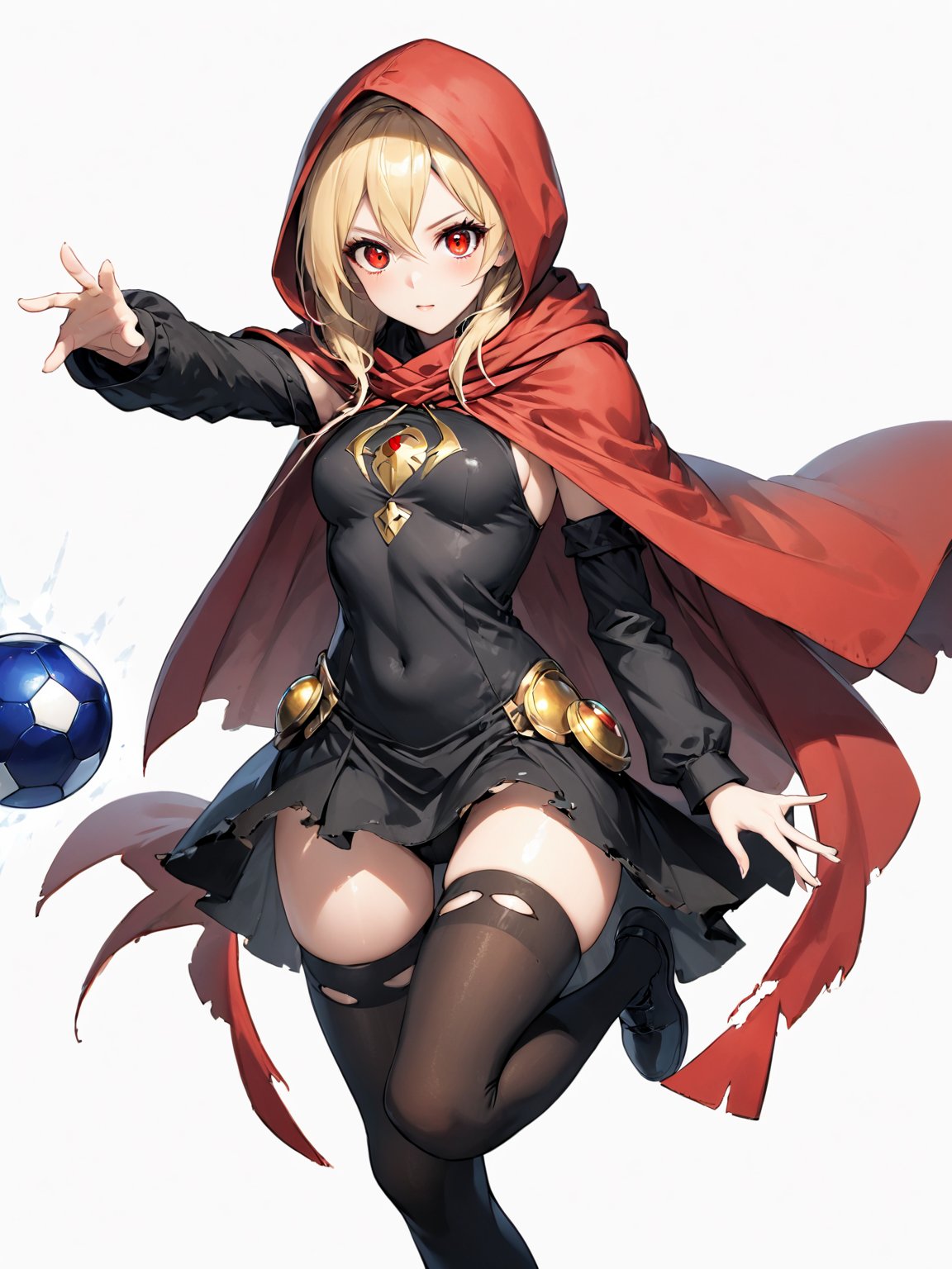 score_9,score_8_up,score_7_up,score_6_up, masterpiece, best quality, 8k, 8k UHD, ultra-high resolution, ultra-high definition, highres
,//Character, 
1girl, solo,Evileye \(overlord\), blonde hair, red eyes, hair between eyes, small breasts
,//Fashion, 
hood, black dress, torn clothes, covered navel, red cloak, hooded cloak, black thighhighs, torn thighhighs, 
hood up
,//Background, white_background
,//Others, ,Expressiveh,
dynamic pose, energy ball charging