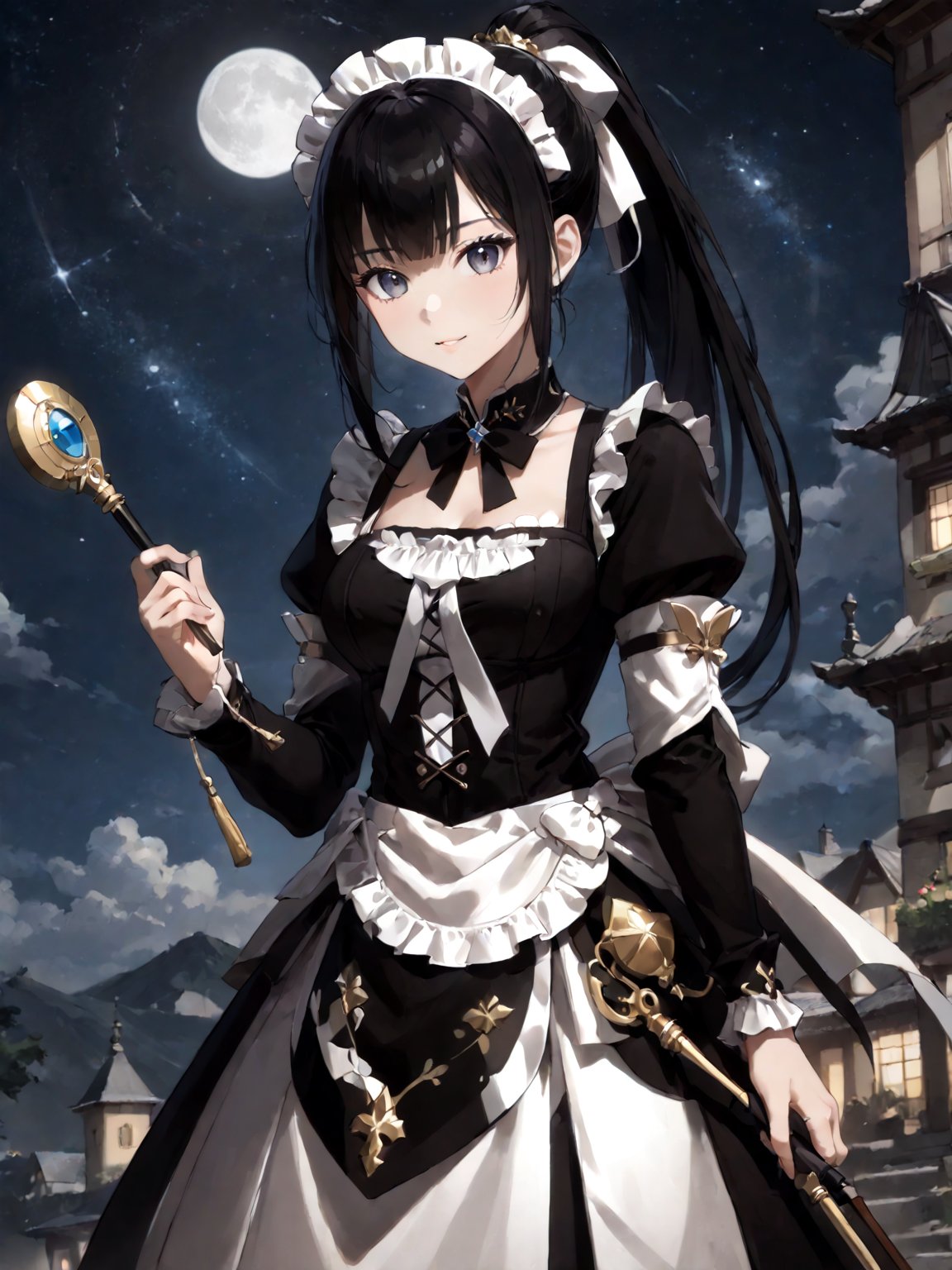 score_9,score_8_up,score_7_up,score_6_up, masterpiece, best quality, highres
,//Character, 
1girl,narberal gamma \(overlord\), long hair, black hair, glay eyes, bangs, ponytail, medium breats
,//Fashion, 
maid
,//Background, 
,//Others, ,Expressiveh, 
A girl painting the night sky with a gigantic paintbrush, creating stars and galaxies with each stroke.