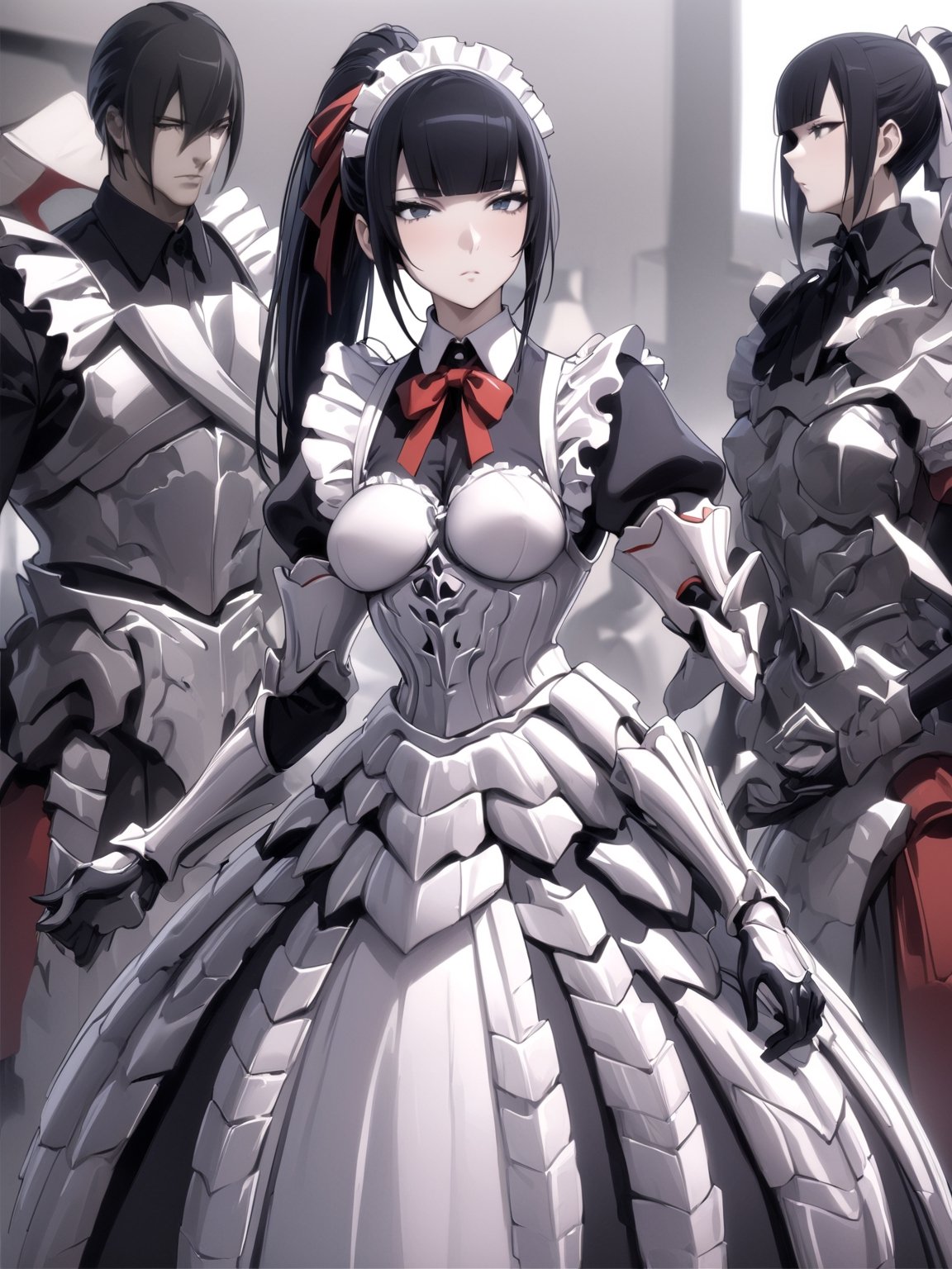 //Quality,
masterpiece, best quality, detailed
,//Character,
1girl, solo
,//Fashion,
,//Background,
,//Others,
,narberal gamma \(overlord\), 1girl, long hair, black hair, glay eyes, bangs, ponytail, medium breats, ribbon, bow, maid, dress, armor, gloves