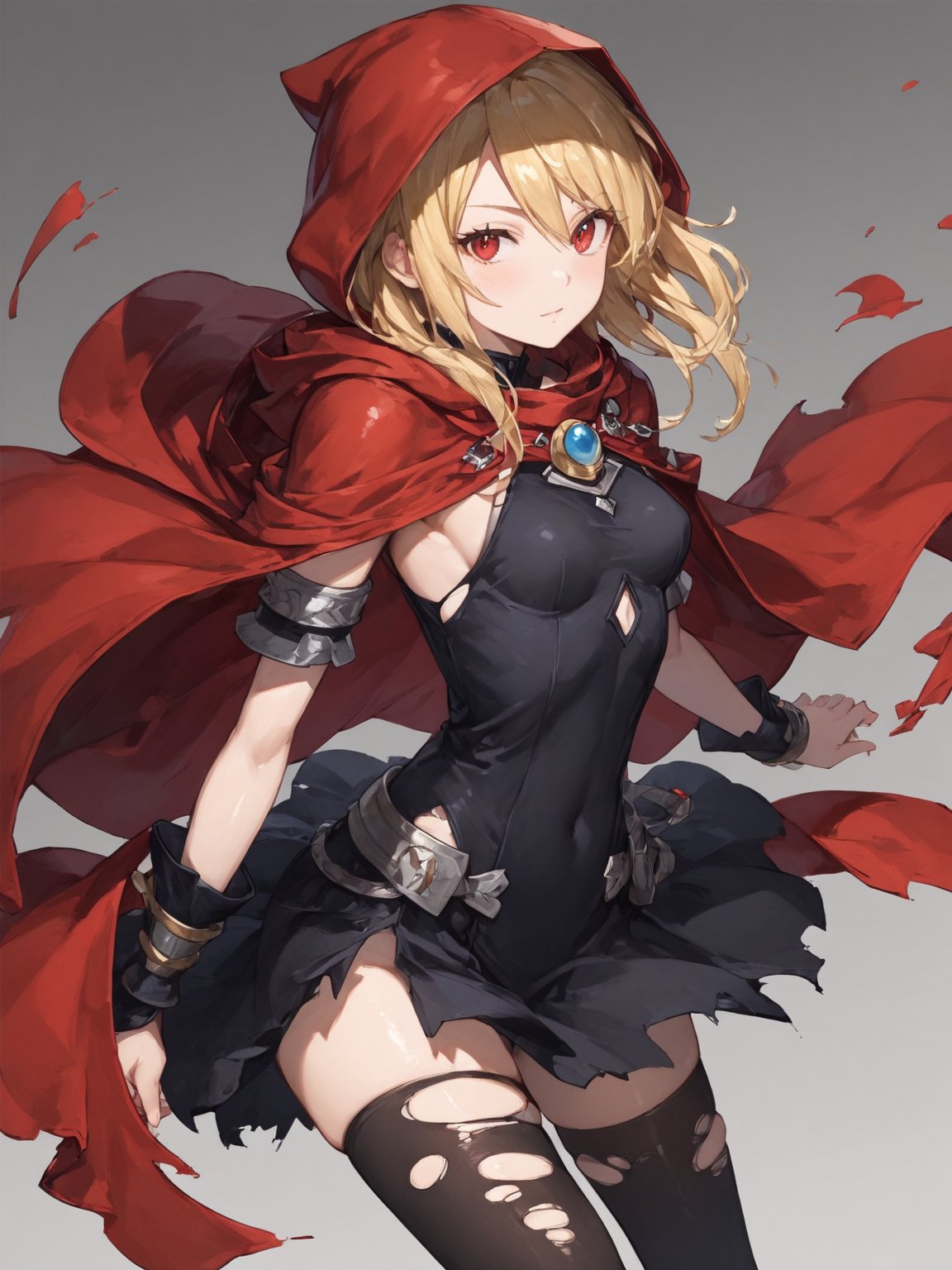 score_9,score_8_up,score_7_up,score_6_up, masterpiece, best quality, 8k, 8k UHD, ultra-high resolution, ultra-high definition, highres
,//Character, 
1girl, solo,Evileye \(overlord\), blonde hair, red eyes, hair between eyes, small breasts
,//Fashion, 
hood, black dress, torn clothes, covered navel, red cloak, hooded cloak, black thighhighs, torn thighhighs, 
hood up
,//Background, white_background
,//Others, ,Expressiveh,
dynamic pose, energy ball charging