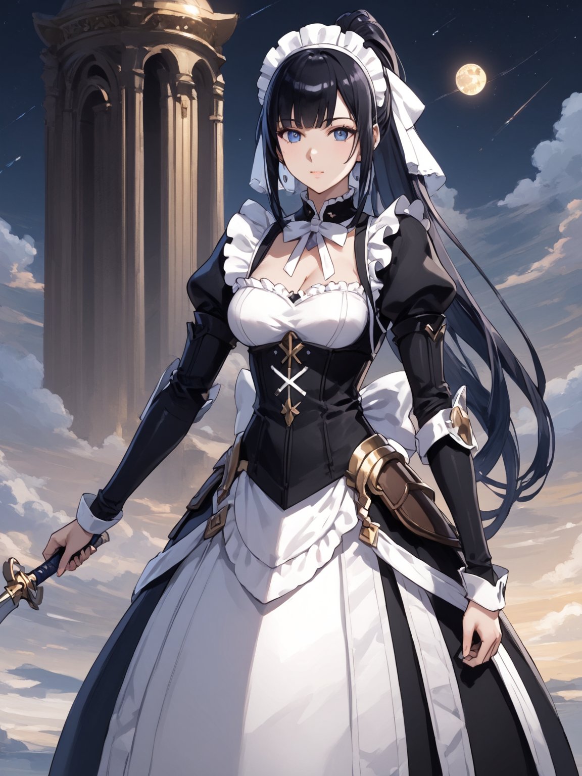 score_9,score_8_up,score_7_up,score_6_up, masterpiece, best quality, highres
,//Character, 
1girl, solo,narberal gamma \(overlord\), long hair, black hair, glay eyes, bangs, ponytail, medium breats
,//Fashion, 
maid
,//Background, 
,//Others, ,Expressiveh, 
A girl unzipping the sky like a giant zipper, revealing a cosmic realm filled with planets and nebulae behind it.