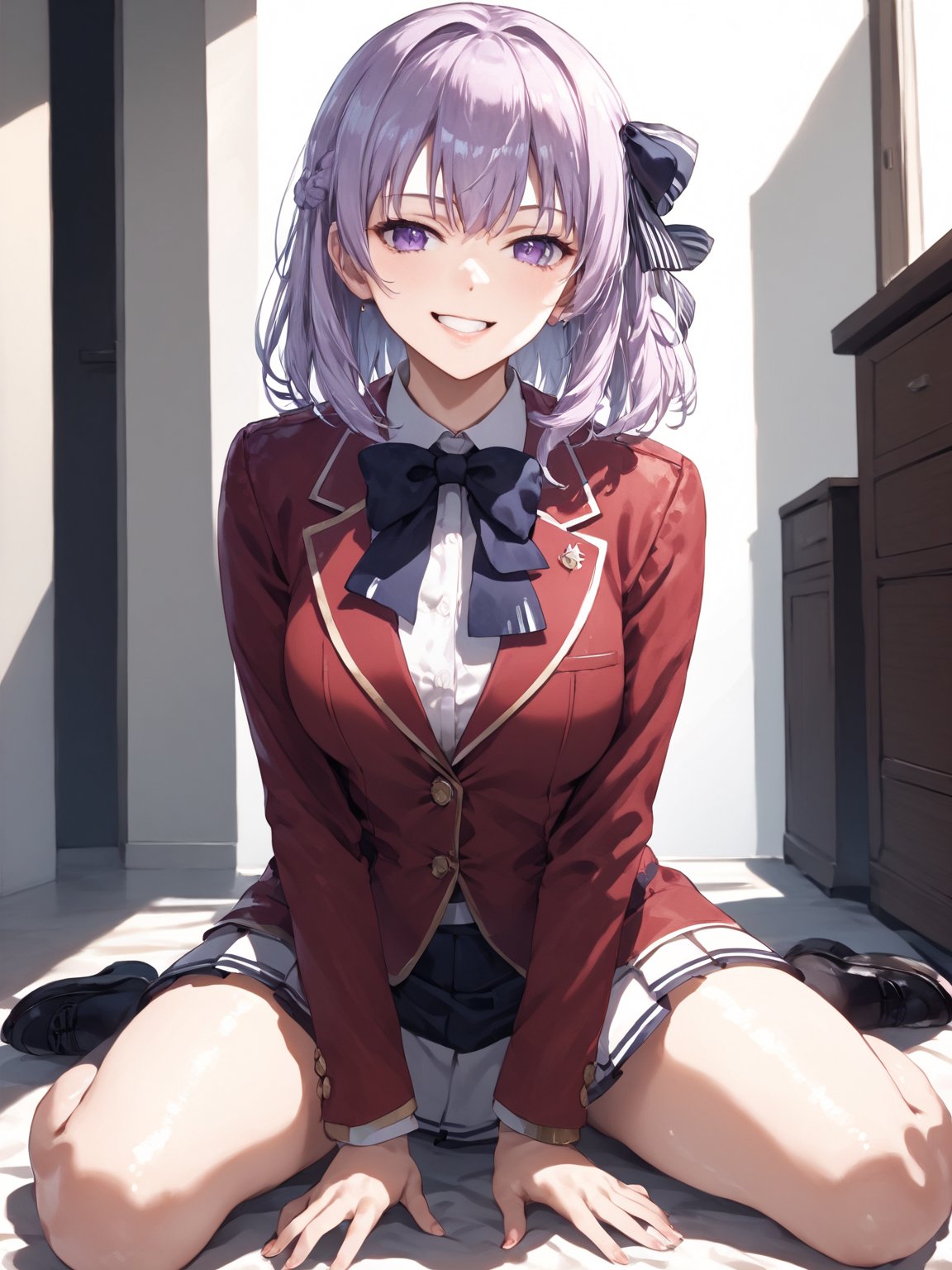 score_9,score_8_up,score_7_up,score_6_up, masterpiece, best quality, highres
,//Character, 
1girl, solo,SakayanagiArisu, medium_hair, shiny_hair, purple_eyes
,//Fashion, 
school_uniform, red_jacket
,//Background, front door,
,//Others, ,Expressiveh,
female focus, looking at viewer, (spread legs:1.4), crossed_arms, from below, grin
