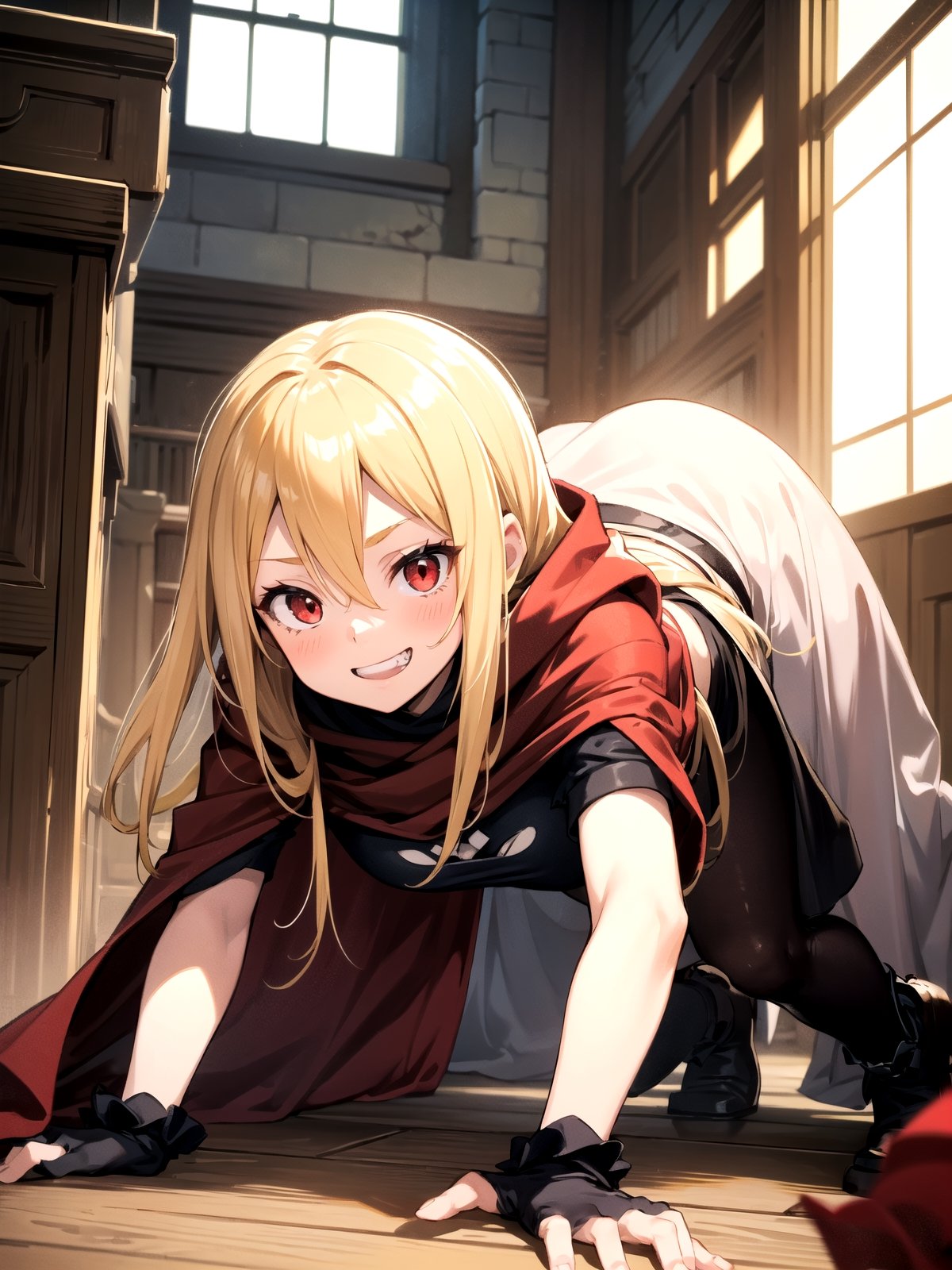 //Quality,
(masterpiece), (best quality), 8k illustration
,//Character,
1girl, solo, grin
,//Fashion,
,//Background,
indoors, bed
,//Others,
crawling on all fours, aiming for prey, ,evileye_overlord, blonde hair, red eyes, cape, torn clothes, cloak, hooded cloak