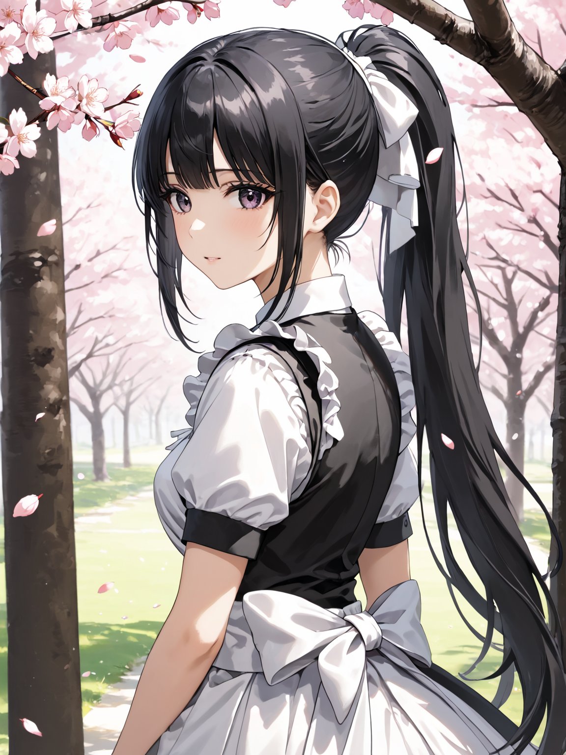 score_9,score_8_up,score_7_up,score_6_up, masterpiece, best quality, highres
,//Character, 
1girl,narberal gamma \(overlord\), long hair, black hair, glay eyes, bangs, ponytail, medium breats
,//Fashion, 
maid
,//Background, 
,//Others, ,Expressiveh, 
A shy schoolgirl peeking from behind a cherry blossom tree, soft petals falling around her.