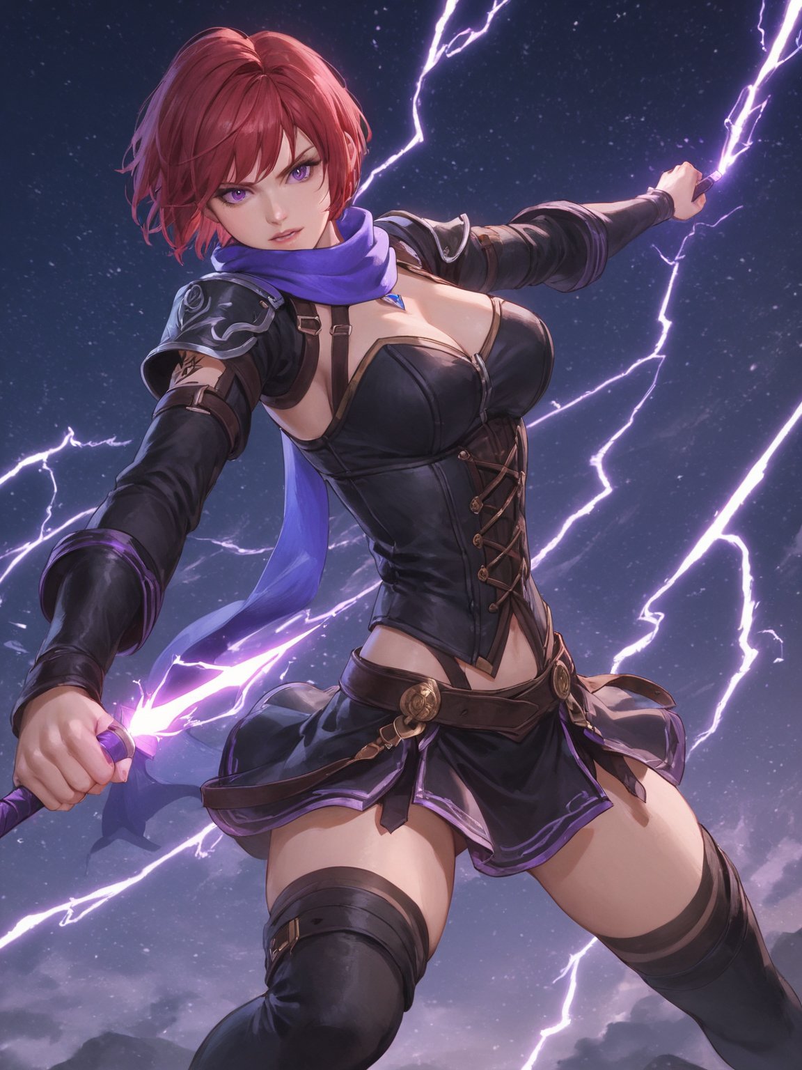 score_9,score_8_up,score_7_up,score_6_up, masterpiece, best quality, 8k, 8k UHD, ultra-high resolution, ultra-high definition, highres
,//Character, 
1girl, solo,NelZelpher_SO3, purple eyes, short hair, red hair, tattoo
,//Fashion, 
black thighhighs, scarf
,//Background, white_background
,//Others, ,Expressiveh, 
lightning magic charging, glowing magical runes, electric magic, lightning, Her hands command orbs of electric, a raging lightning dances, action shot, fighting stance, dynamic pose