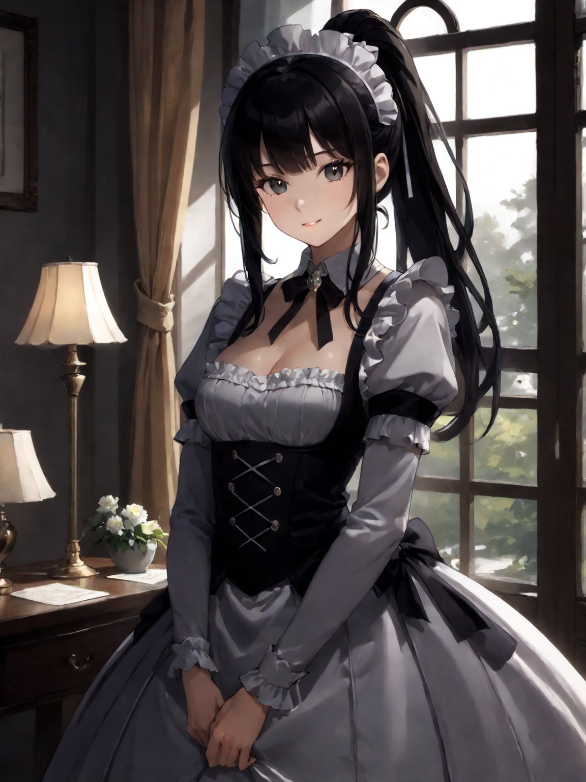 score_9,score_8_up,score_7_up,score_6_up, masterpiece, best quality, highres
,//Character, 
1girl,narberal gamma \(overlord\), long hair, black hair, glay eyes, bangs, ponytail, medium breats
,//Fashion, 
maid
,//Background, 
,//Others, ,Expressiveh, 
A girl releasing a butterfly she's raised from a caterpillar, her expression a mix of happiness and bittersweet farewell.