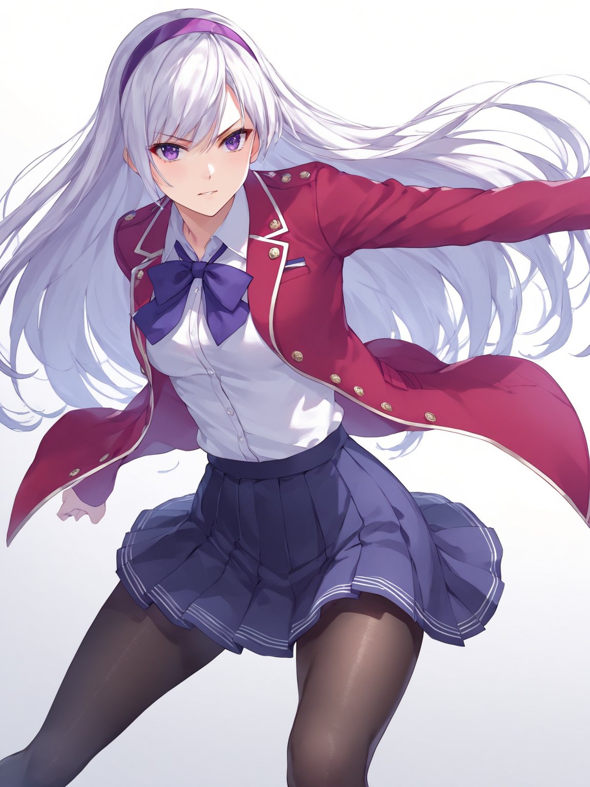 score_9,score_8_up,score_7_up,score_6_up, masterpiece, best quality, 8k, 8k UHD, ultra-high resolution, ultra-high definition, highres
,//Character, 
1girl, solo, long hair, white hair, purple eyes
,//Fashion, 
school uniform, red jacket, pantyhose, pleated skirt, hairband
,//Background, white_background
,//Others, ,Expressiveh,
fighting stance, dynamic pose