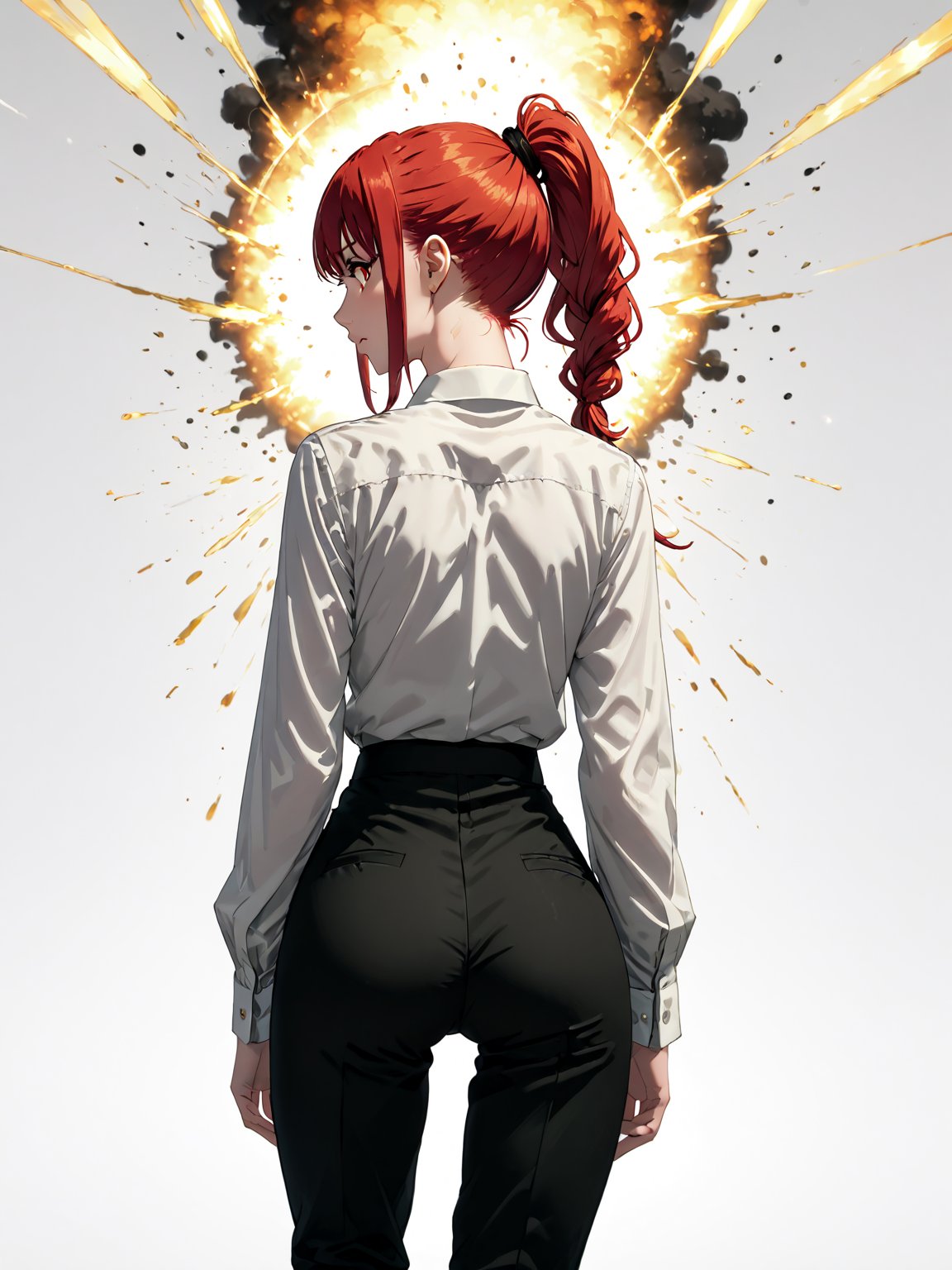 score_9,score_8_up,score_7_up,score_6_up, masterpiece, best quality, 8k, 8k UHD, ultra-high resolution, ultra-high definition, highres
,//Character, 
1girl, solo,makima_v1, red hair, ringed eyes, braided ponytail
,//Fashion, 
black necktie, shirt, collared shirt, black_pants
,//Background, white_background
,//Others, ,Expressiveh,ArtoriaPendragon, explosion, back view, looking at viewer, looking back, fang