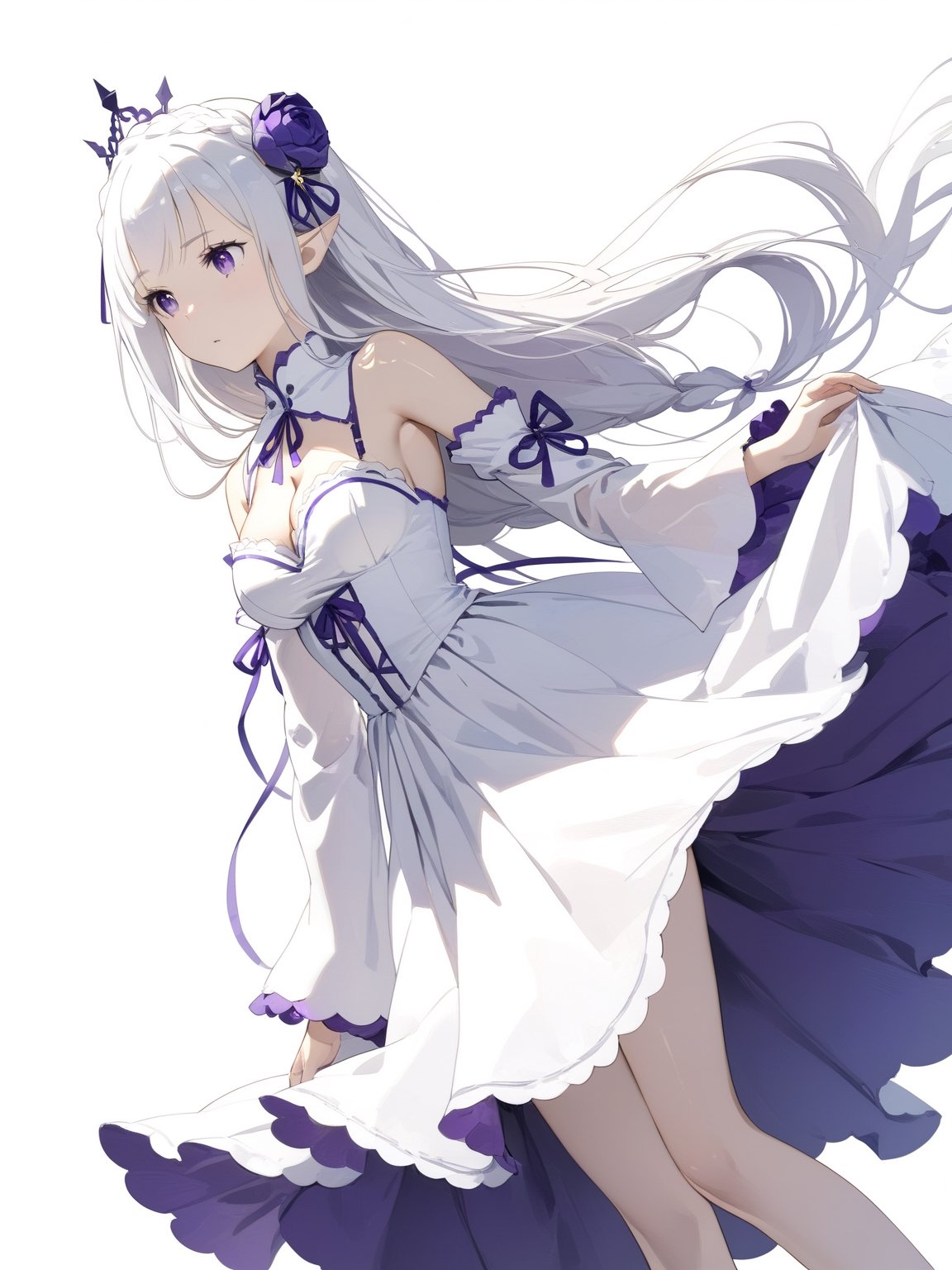 //Character, solo,emilia \(re_zero\), 1girl, long hair, white hair, purple eyes crown braid, pointy ears, 
//Fashion, white dress, hair ornament, hair ribbon, purple ribbon, bare shoulders, cleavage, white footwear,
//Background, simple background, 
//Quality, (masterpiece), best quality, ultra-high resolution, ultra-high definition, highres, intricate, intricate details, absurdres, highly detailed, finely detailed, ultra-detailed, ultra-high texture quality, natural lighting, natural shadow, dramatic shading, dramatic lighting, vivid colour, perfect anatomy, 
//Others, 