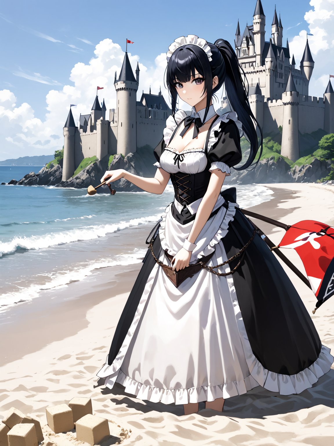 score_9,score_8_up,score_7_up,score_6_up, masterpiece, best quality, highres
,//Character, 
1girl, solo,narberal gamma \(overlord\), long hair, black hair, glay eyes, bangs, ponytail, medium breats
,//Fashion, 
maid
,//Background, 
,//Others, ,Expressiveh, 
A girl building a sandcastle on a beach, but the castle is emerging as a full-sized, realistic medieval fortress.