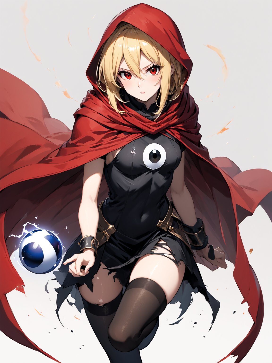 score_9,score_8_up,score_7_up,score_6_up, masterpiece, best quality, 8k, 8k UHD, ultra-high resolution, ultra-high definition, highres
,//Character, 
1girl, solo,Evileye \(overlord\), blonde hair, red eyes, hair between eyes, small breasts
,//Fashion, 
hood, black dress, torn clothes, covered navel, red cloak, hooded cloak, black thighhighs, torn thighhighs, 
hood up
,//Background, white_background
,//Others, ,Expressiveh,
dynamic pose, energy ball charging