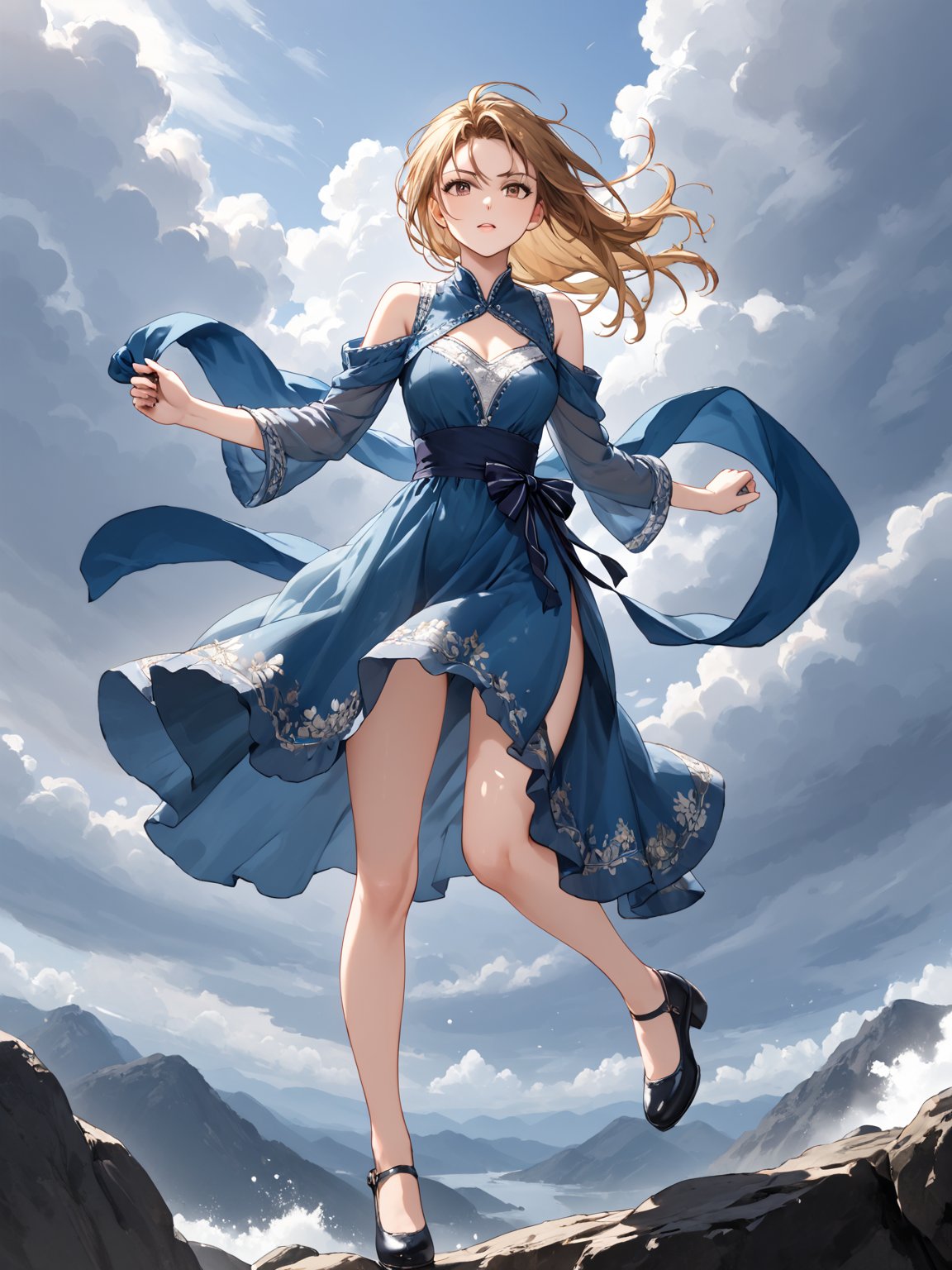 masterpiece, best quality, highres
,//Character, 
1girl, solo
,//Fashion, 
,//Background, white background
,//Others, ,Expressiveh, 
,AobaTsukuyo,
The girl climbing a steep, rocky cliff face. Her dress is slightly torn, and her hair is windswept. She's reaching for a handhold, determination evident on her face. Dark storm clouds gather in the background, adding drama to the scene.