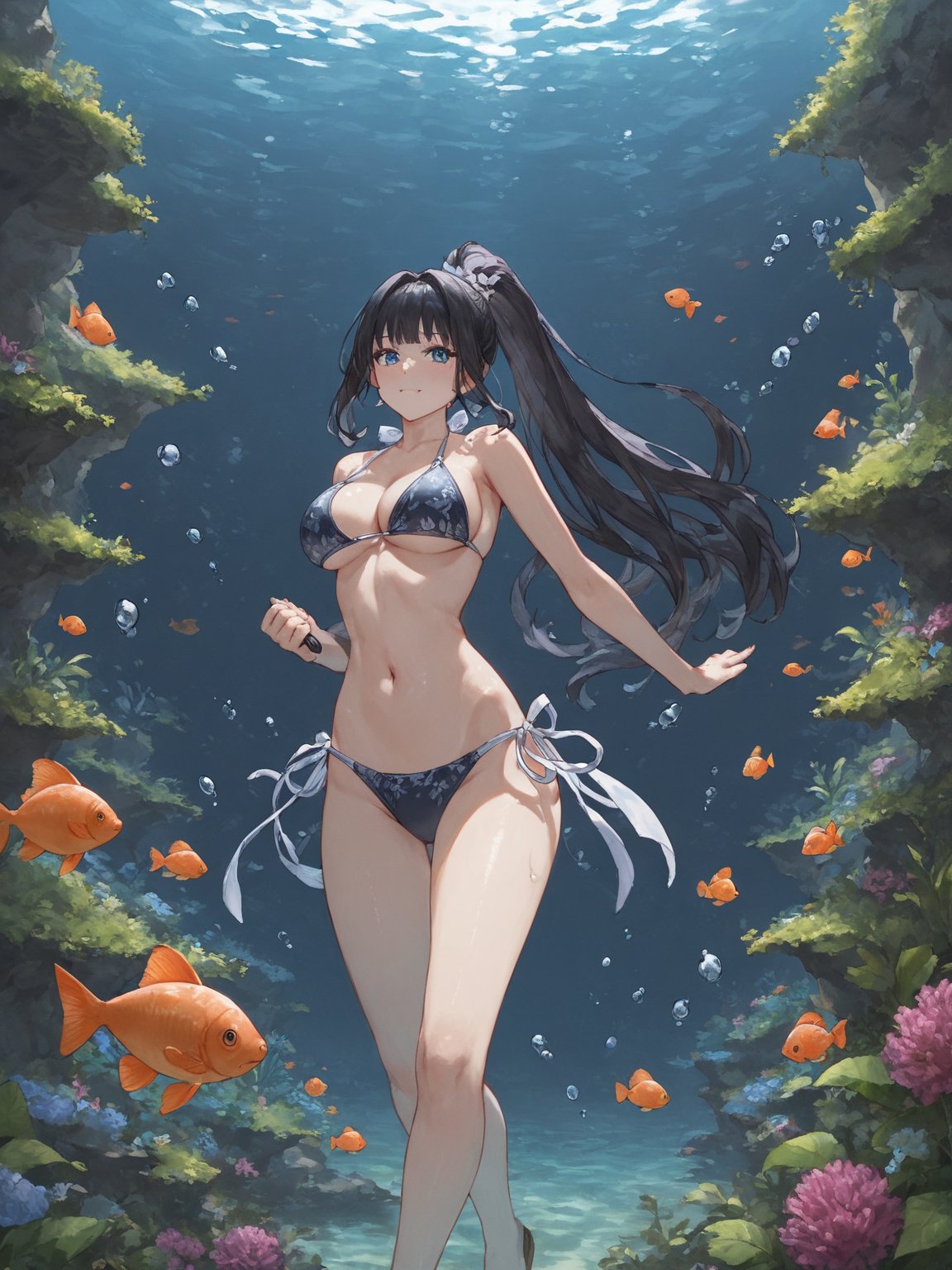 score_9,score_8_up,score_7_up,score_6_up, masterpiece, best quality, highres
,//Character, 
1girl,narberal gamma \(overlord\), long hair, black hair, glay eyes, bangs, ponytail, medium breats
,//Fashion, 
bikini
,//Background, 
,//Others, ,Expressiveh, 
A girl in scuba gear exploring an underwater library, with fish swimming between bookshelves and seaweed growing from old tomes.