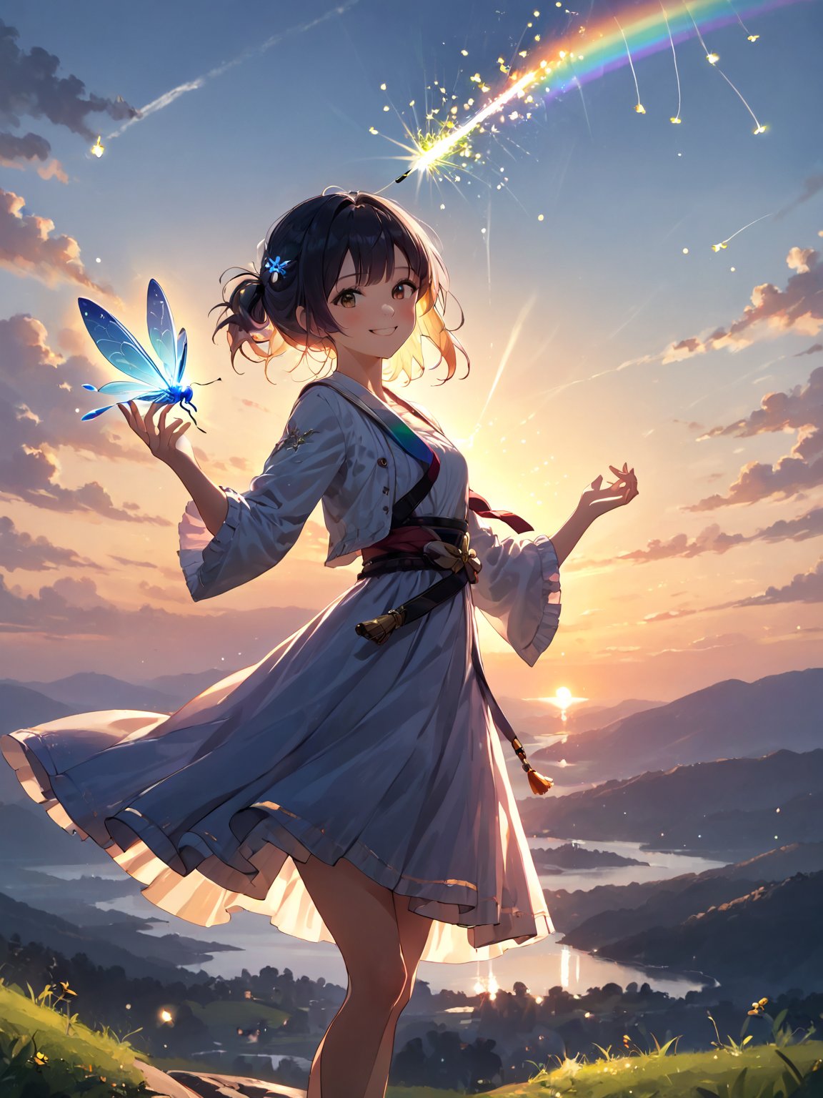 score_9,score_8_up,score_7_up,score_6_up, masterpiece, best quality, highres
,//Character, 
1girl, solo,SakayanagiArisu
,//Fashion, 

,//Background, 
,//Others, ,Expressiveh,
The girl standing triumphantly atop a hill, silhouetted against a beautiful sunset. She's holding a magical artifact that glows with rainbow colors. Her posture is confident, and a smile of accomplishment lights up her face. Fireflies dance around her, adding a magical touch to the scene.
