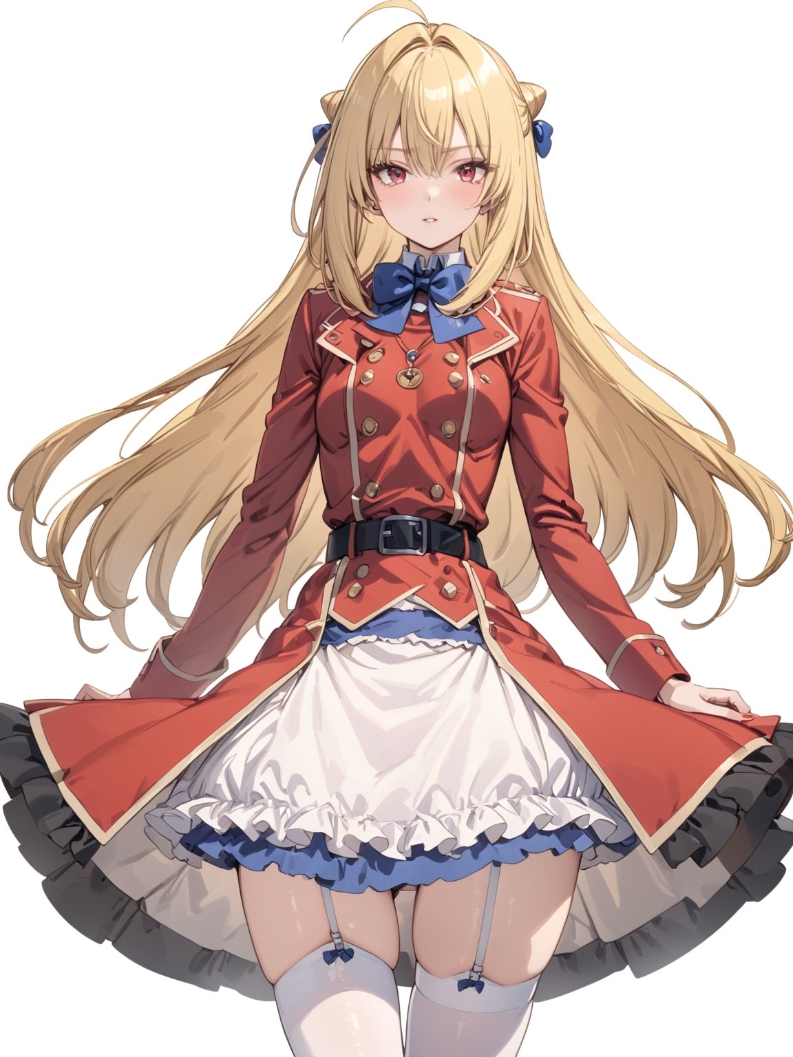 //Quality, masterpiece, best quality, detailmaster2, 8k, 8k UHD, ultra detailed, ultra-high resolution, ultra-high definition, highres, 
//Character, 1girl, solo,Terakomari, long hair, blonde hair, red eyes, ahoge, hair bow,
//Fashion, red coat, belt buckle, blue bowtie, long sleeves, skirt, bow, white thighhighs, garter straps, boots, 
//Background, white background, 
//Others, 