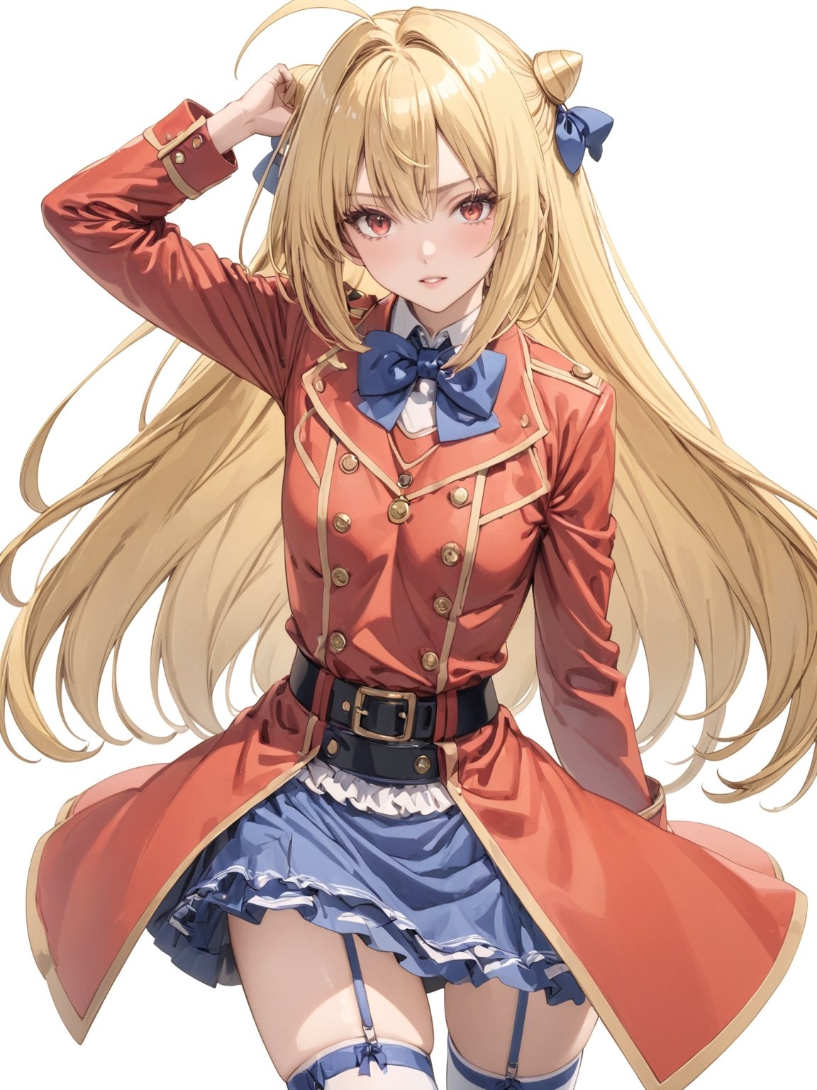//Quality, masterpiece, best quality, detailmaster2, 8k, 8k UHD, ultra detailed, ultra-high resolution, ultra-high definition, highres, 
//Character, 1girl, solo,Terakomari, long hair, blonde hair, red eyes, ahoge, hair bow,
//Fashion, red coat, belt buckle, blue bowtie, long sleeves, skirt, bow, white thighhighs, garter straps, boots, 
//Background, white background, 
//Others, 