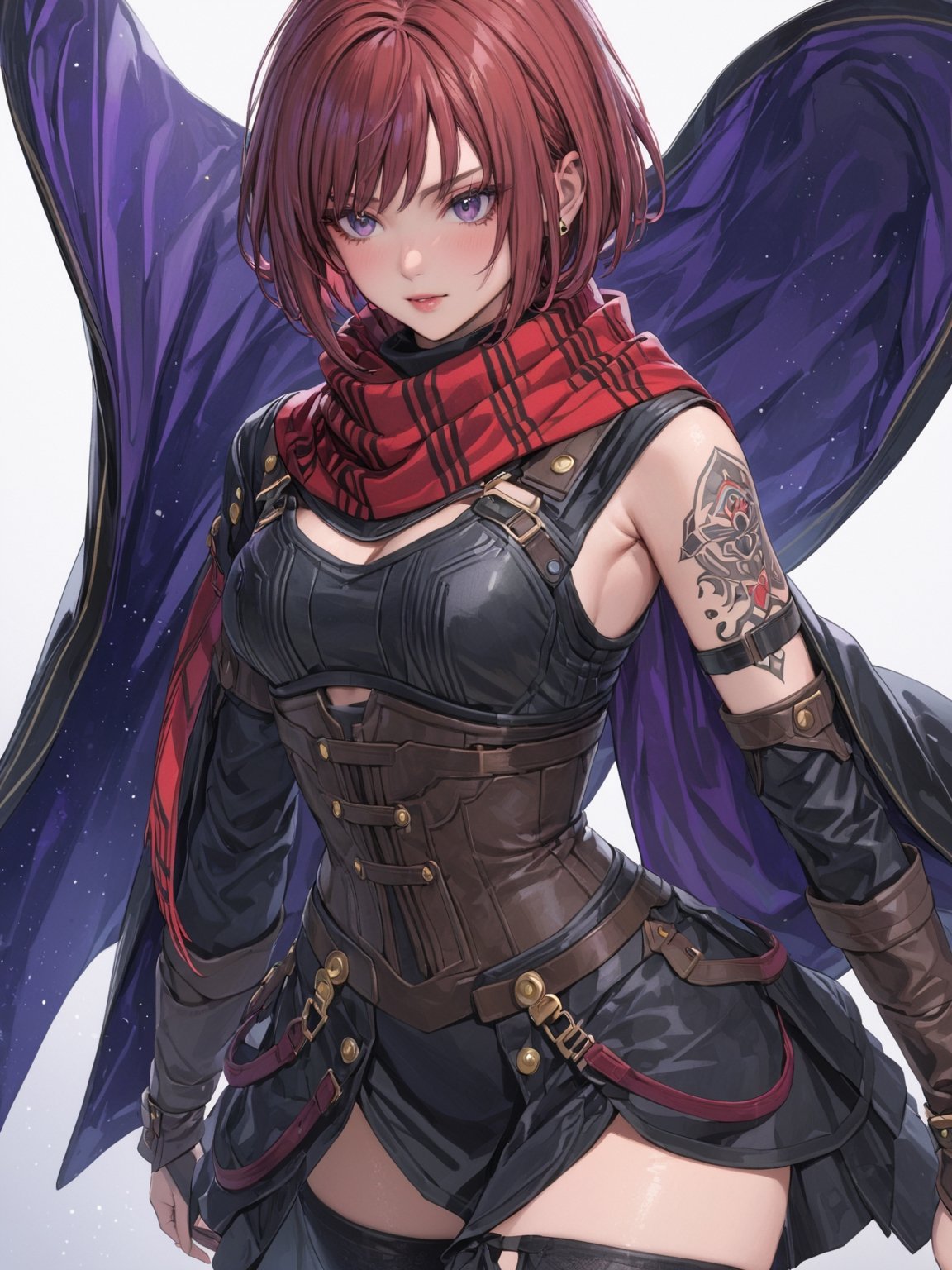 //Quality, masterpiece, best quality, detailmaster2, 8k, 8k UHD, ultra detailed, ultra-high resolution, ultra-high definition, highres, 
//Character, 1girl, solo, NelZelpher_SO3, purple eyes, short hair, red hair, tattoo,
//Fashion, black thighhighs, scarf, 
//Background, white background, 
//Others, 