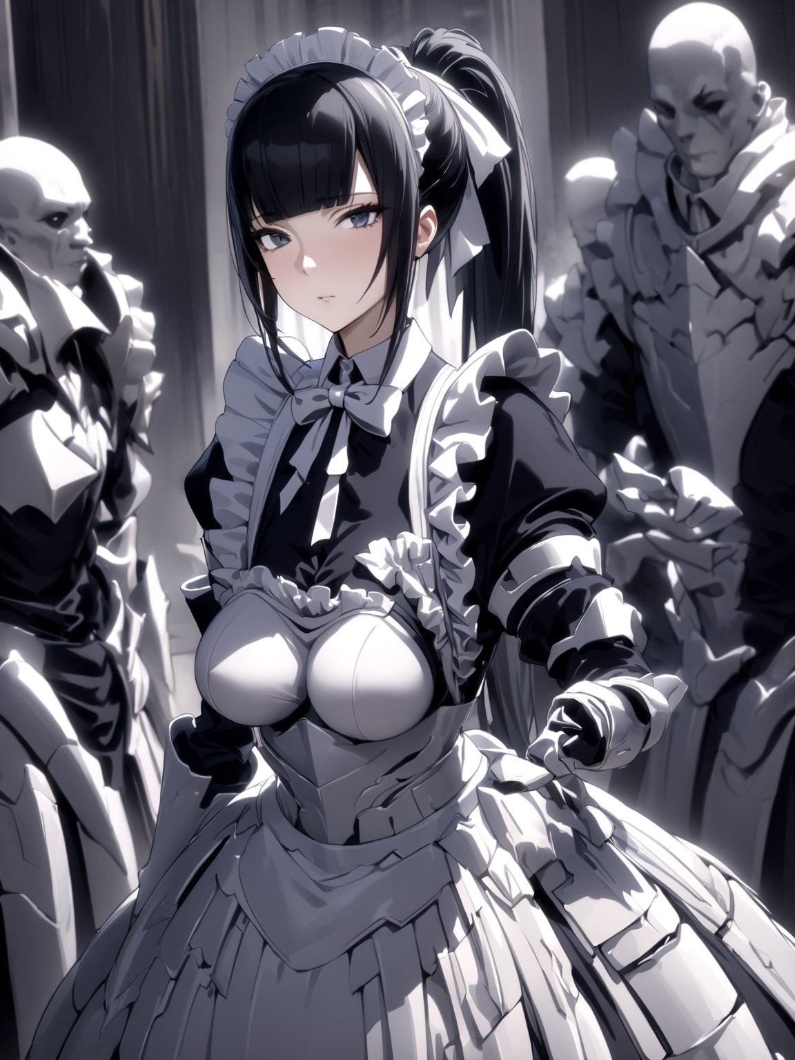 //Quality,
masterpiece, best quality, detailed
,//Character,
1girl, solo
,//Fashion,
,//Background,
,//Others,
,narberal gamma \(overlord\), 1girl, long hair, black hair, glay eyes, bangs, ponytail, medium breats, ribbon, bow, maid, dress, armor, gloves