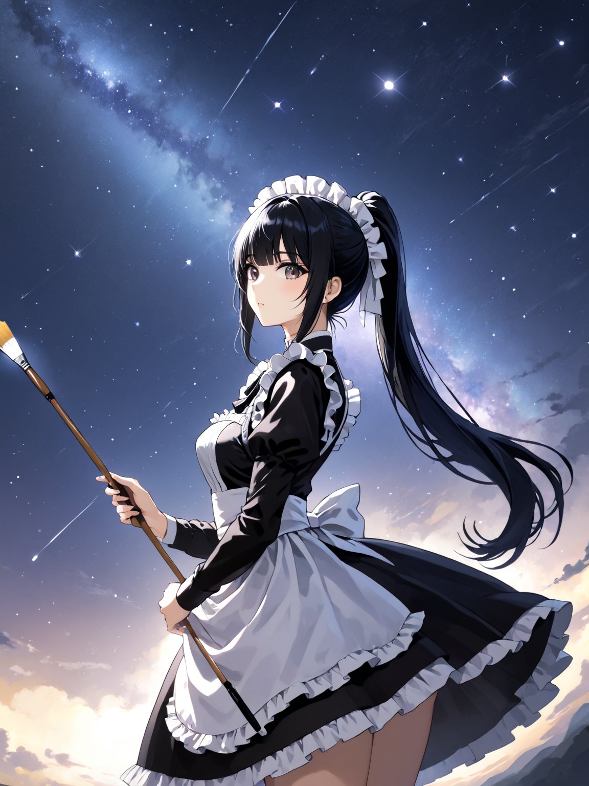 score_9,score_8_up,score_7_up,score_6_up, masterpiece, best quality, highres
,//Character, 
1girl, solo,narberal gamma \(overlord\), long hair, black hair, glay eyes, bangs, ponytail, medium breats
,//Fashion, 
maid
,//Background, 
,//Others, ,Expressiveh, 
A girl painting the night sky with a gigantic paintbrush, creating stars and galaxies with each stroke.