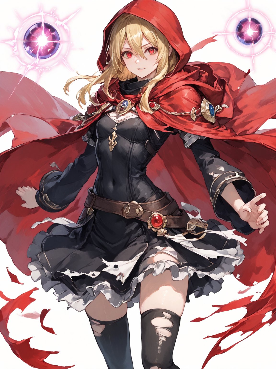 score_9,score_8_up,score_7_up,score_6_up, masterpiece, best quality, 8k, 8k UHD, ultra-high resolution, ultra-high definition, highres
,//Character, 
1girl, solo,Evileye \(overlord\), blonde hair, red eyes, hair between eyes, small breasts
,//Fashion, 
hood, black dress, torn clothes, covered navel, red cloak, hooded cloak, black thighhighs, torn thighhighs, 
hood up
,//Background, white_background
,//Others, ,Expressiveh,
dynamic pose, energy ball charging