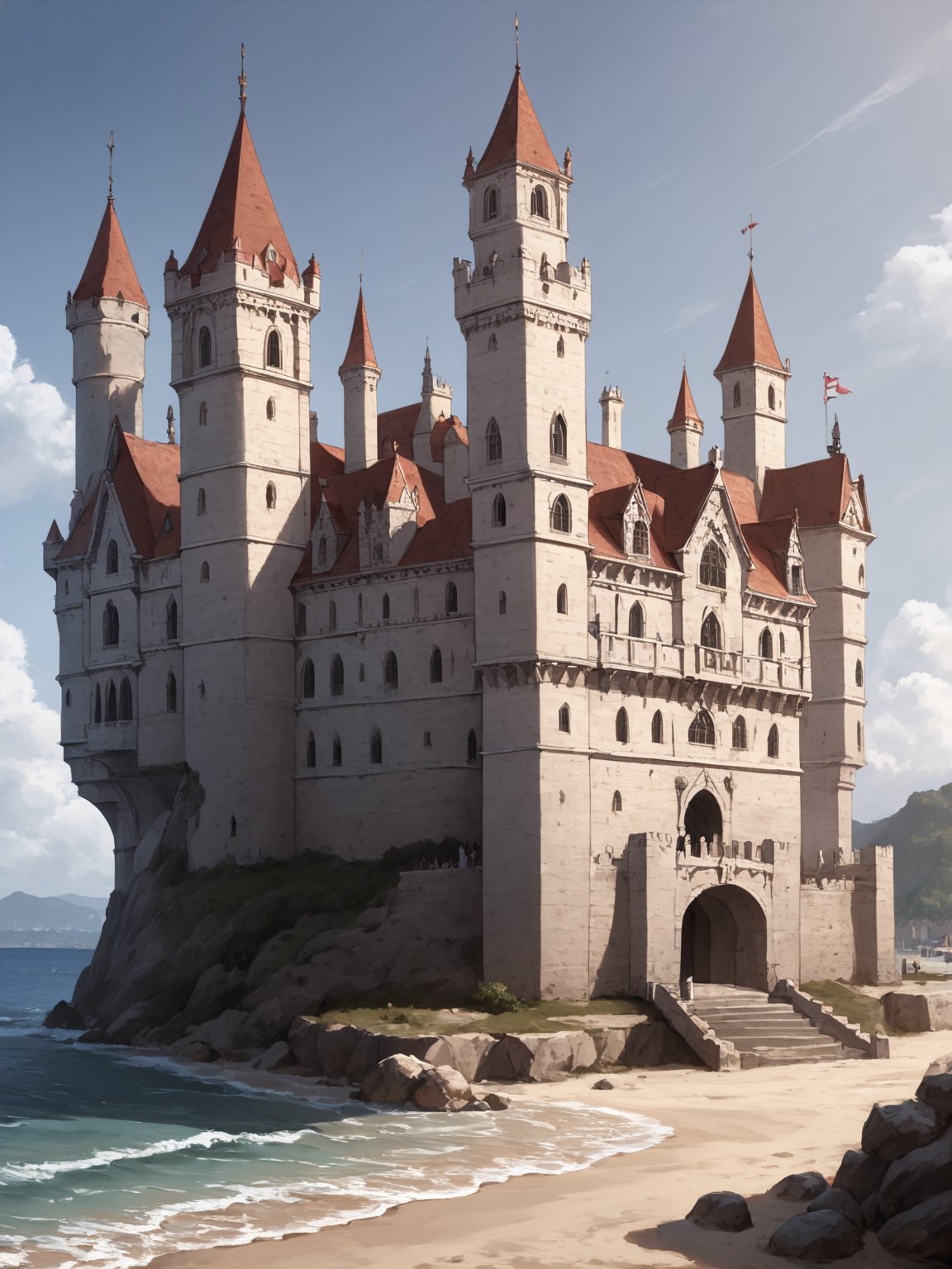masterpiece, best quality, highres
,//Character, 
1girl, solo
,//Fashion, 
,//Background, white background
,//Others, ,Expressiveh, 
,AobaTsukuyo,
A girl building a sandcastle on a beach, but the castle is emerging as a full-sized, realistic medieval fortress.