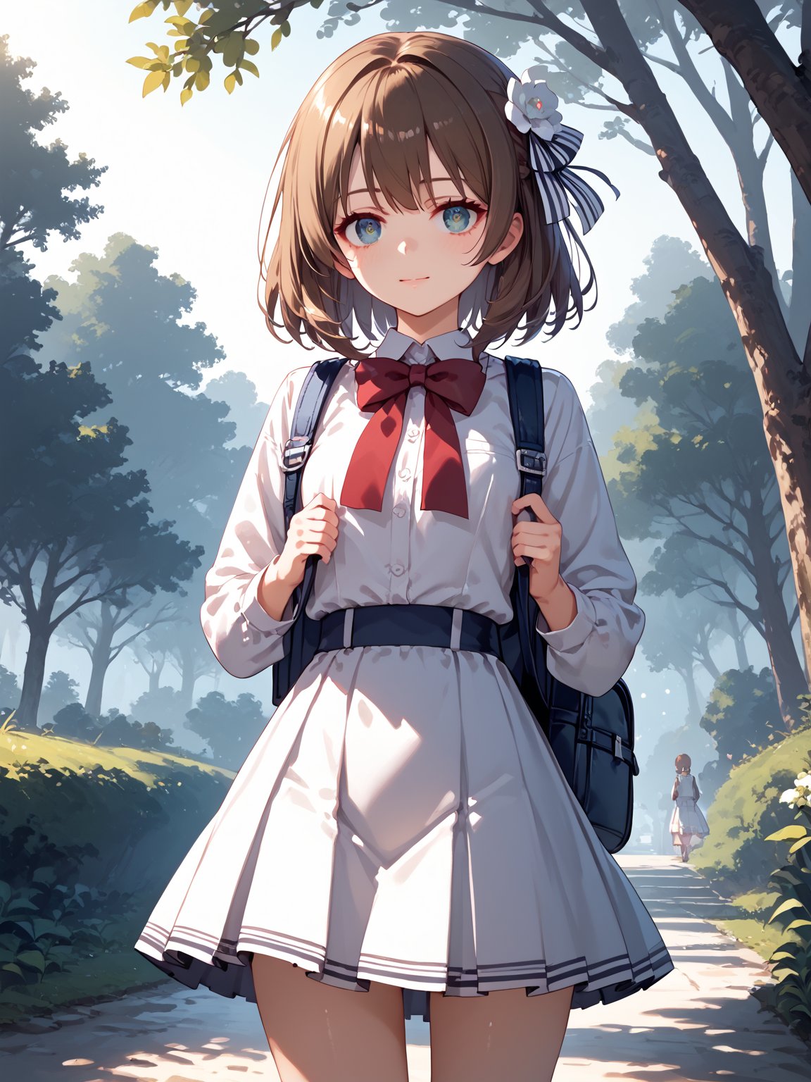 score_9,score_8_up,score_7_up,score_6_up, masterpiece, best quality, highres
,//Character, 
1girl, solo,SakayanagiArisu
,//Fashion, 

,//Background, 
,//Others, ,Expressiveh,
A young girl with long brown hair and bright eyes, standing at the edge of a magical forest. She's wearing a simple dress and holding a small backpack. Sunlight filters through the trees, creating a mystical atmosphere. The girl looks excited and slightly nervous.
