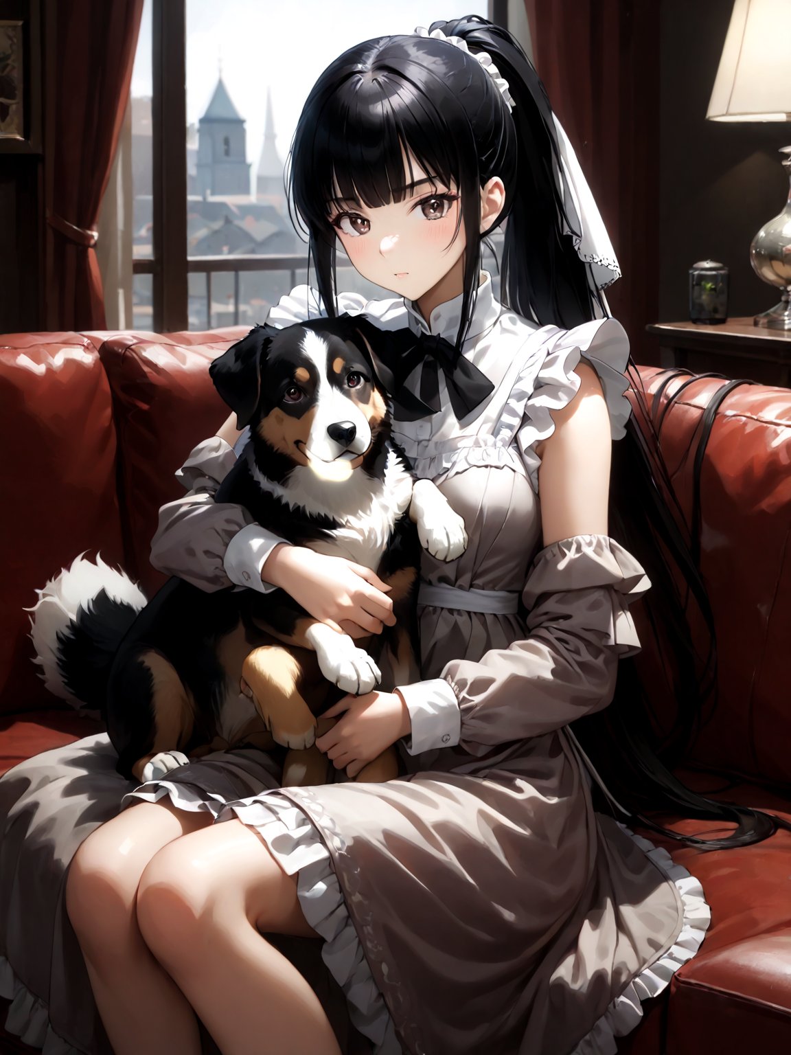 score_9,score_8_up,score_7_up,score_6_up, masterpiece, best quality, highres
,//Character, 
1girl,narberal gamma \(overlord\), long hair, black hair, glay eyes, bangs, ponytail, medium breats
,//Fashion, 
maid
,//Background, 
,//Others, ,Expressiveh, 
A sleepy girl cuddling with a large, gentle dog on a cozy couch, both wrapped in a soft blanket.