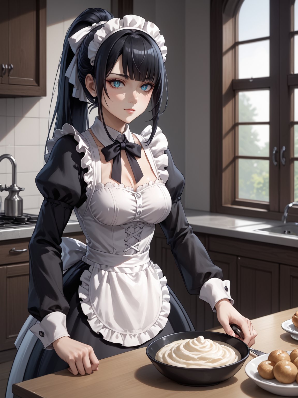 score_9,score_8_up,score_7_up,score_6_up, masterpiece, best quality, highres
,//Character, 
1girl,narberal gamma \(overlord\), long hair, black hair, glay eyes, bangs, ponytail, medium breats
,//Fashion, 
maid
,//Background, 
,//Others, ,Expressiveh, 
A little girl and her grandmother baking cookies together, flour on their noses, warm kitchen light streaming through the window.