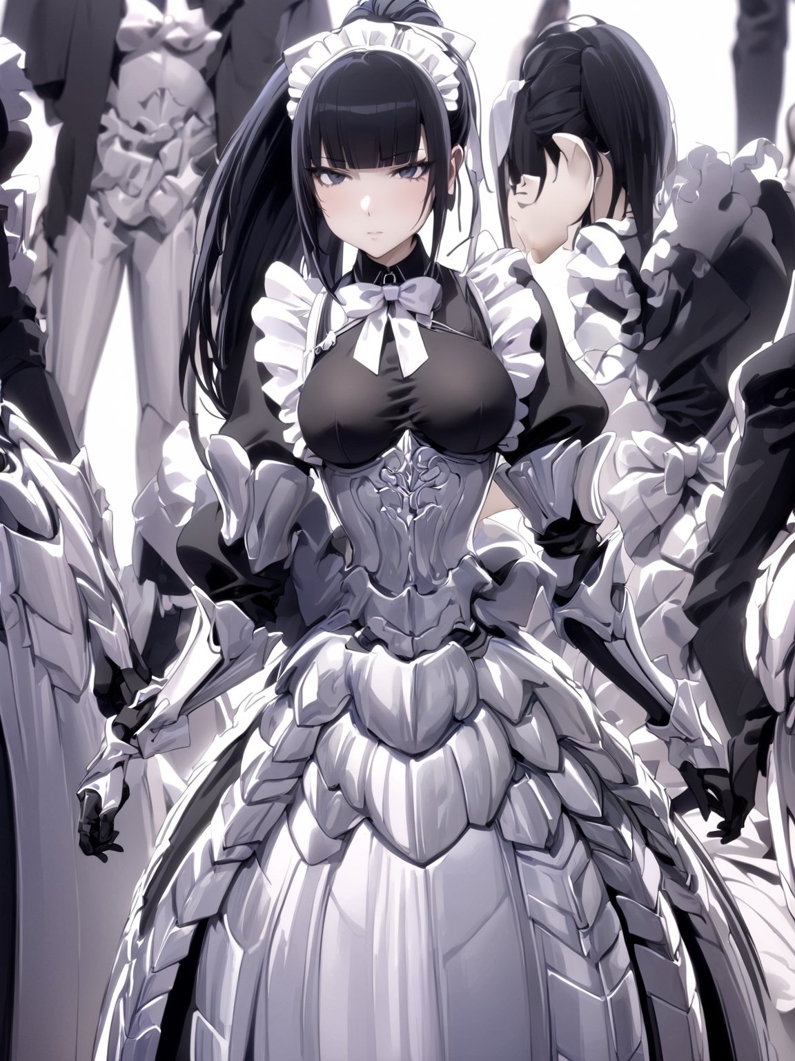 //Quality,
masterpiece, best quality, detailed
,//Character,
1girl, solo
,//Fashion,
,//Background,
,//Others,
,narberal gamma \(overlord\), 1girl, long hair, black hair, glay eyes, bangs, ponytail, medium breats, ribbon, bow, maid, dress, armor, gloves