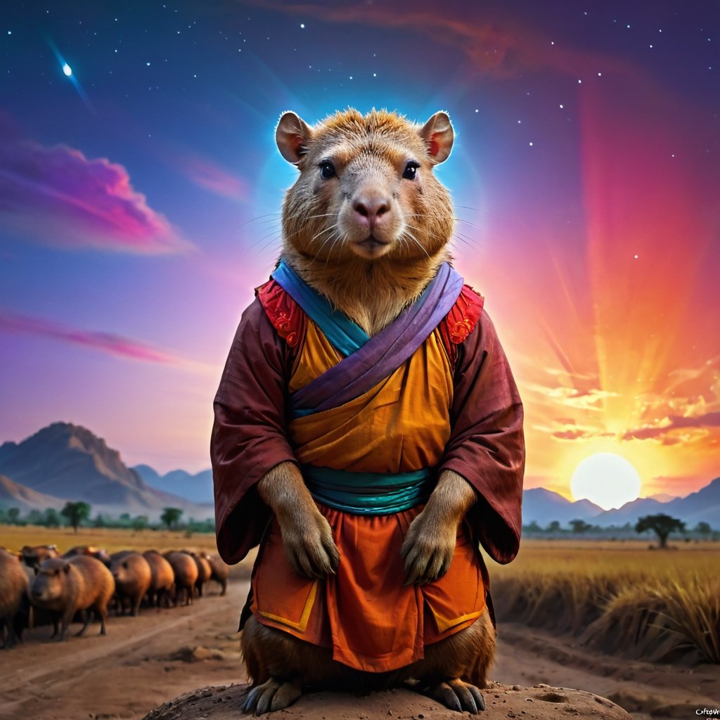 A capybara who is a Chinese monk in the plain,capybaras,night,colorful sky,Holy light behind,digital painting,front view, artstation, concept art, Craig Mullins, Breathtaking, 8k resolution, extremely detailed, beautiful, establishing shot, artistic, hyperrealistic, octane render, cinematic lighting, dramatic lighting, masterpiece, light brazen, extremely detailed and beautiful face