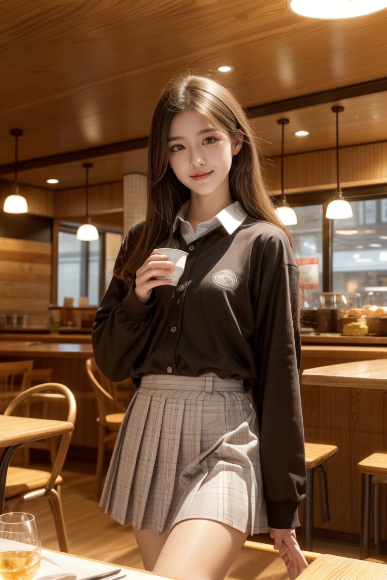 high school student,girl,school uniform,she is having food,smile,kobeyarestaurant, open kitchen, scenery, chair, table, ceiling light, indoors, lamp, cup, restaurant, light, realistic,Best Quality, 32k, photorealistic, ultra-detailed, finely detailed, high resolution, perfect dynamic composition, beautiful detailed eyes, sharp-focus, cowboy_shot,kobeyarestaurant