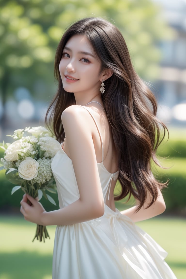 background is lawn,trees,flowers,
20 yo, 1 girl, beautiful korean girl, 
wearing lovely white simple dress(strap),happy smile,
holding a bouquet, 
solo, {beautiful and detailed eyes}, dark eyes, calm expression, delicate facial features, ((model pose)), Glamor body type, (dark hair:1.2),hair_past_waist,curly hair,very long hair,simple tiny earrings,simple tiny necklace, flim grain, realhands, masterpiece, Best Quality, 16k, photorealistic, ultra-detailed, finely detailed, high resolution, perfect dynamic composition, beautiful detailed eyes, eye smile, ((nervous and embarrassed)), sharp-focus, full_body, cowboy_shot,