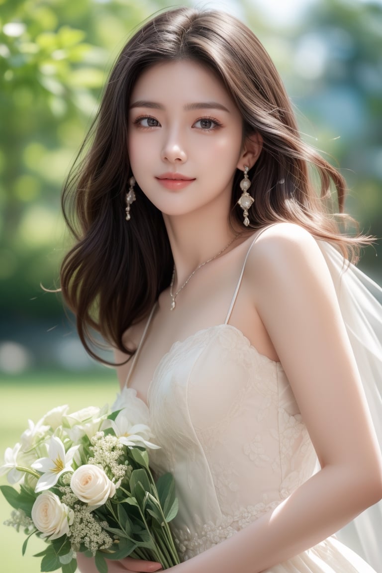 background is lawn,trees,flowers,
20 yo, 1 girl, beautiful korean girl, 
wearing lovely white simple dress(strap),happy smile,
holding a bouquet, 
solo, {beautiful and detailed eyes}, dark eyes, calm expression, delicate facial features, ((model pose)), Glamor body type, (dark hair:1.2),hair_past_waist,curly hair,very long hair,simple tiny earrings,simple tiny necklace, flim grain, realhands, masterpiece, Best Quality, 16k, photorealistic, ultra-detailed, finely detailed, high resolution, perfect dynamic composition, beautiful detailed eyes, eye smile, ((nervous and embarrassed)), sharp-focus, full_body, cowboy_shot,