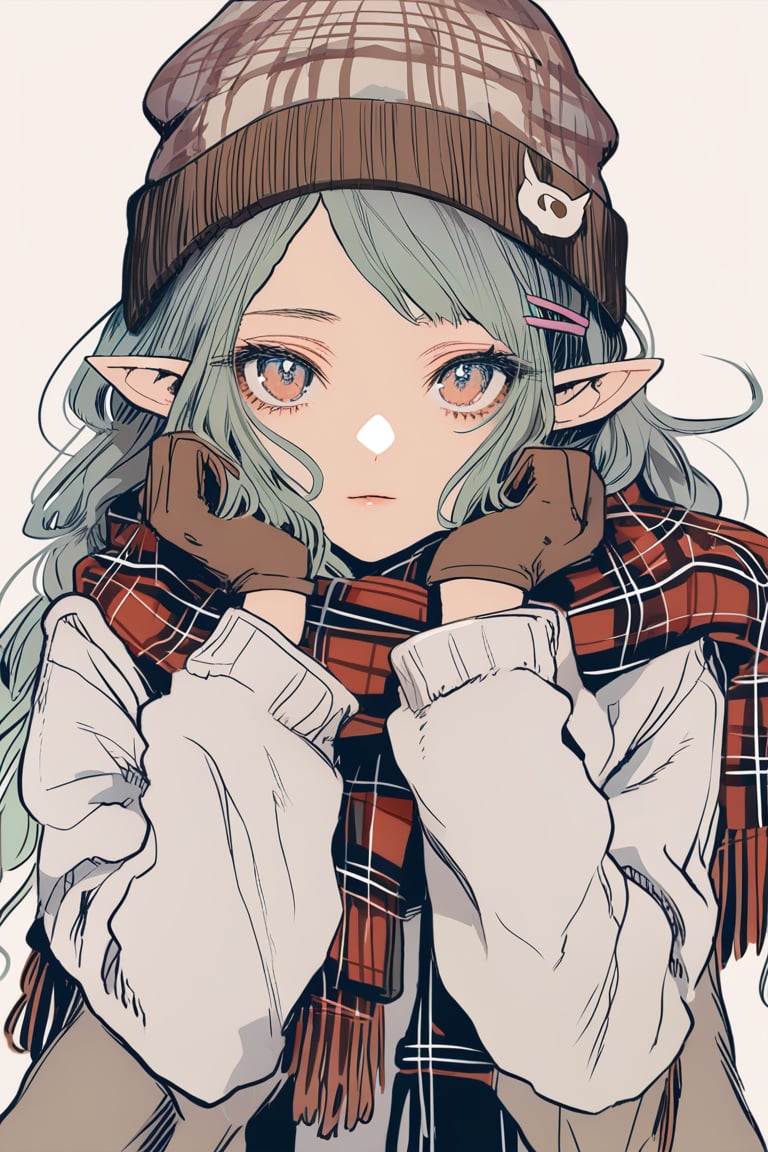 (by inaeda kei:1.3), (by aburaeoyaji:1.15), (by sudach_koppe:1.15), general, solo, 1girl, brown gloves, plaid, point of view, pointy ears, looking at viewer, pom pom beanie, white jacket, long sleeves, braid, hands on face, hairclip, scarf, plaid scarf, flat color, detailed grunge rough stroke painting, Printed on vintage pulpy paper signs of wear