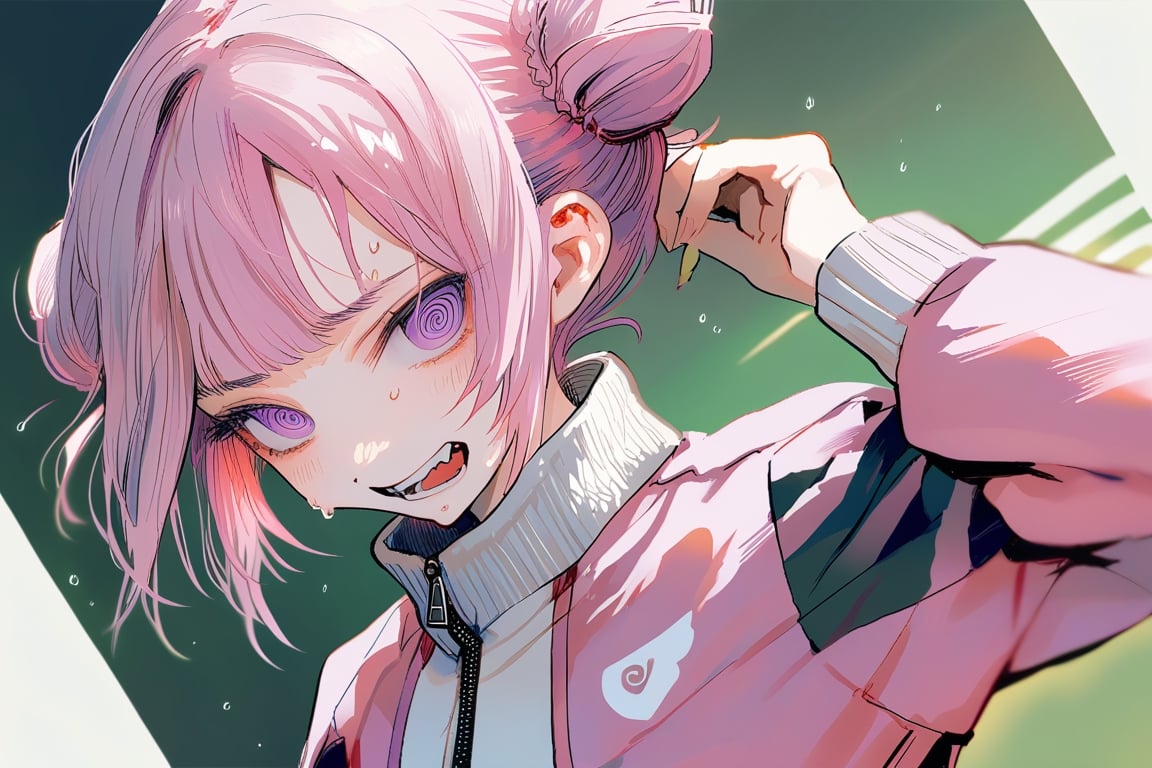 (by inaeda kei:1.3), (by aburaeoyaji:1.15), (by sudach_koppe:1.15), general, upper body, 1girl, @_@, fanged bangs, pink jacket, short hair, solo, hand in own hair, hair bun, purple eyes, zipper pull tab, pink hair, head tilt, jacket, nervous sweating, zipper, lower teeth only, green jacket, sweat, teeth, blush, track jacket, double bun, looking at viewer, cowboy_shot, wings,