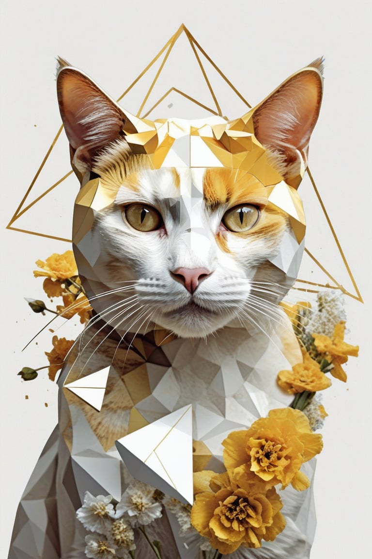 fragmented, full body, A cat, Half golden and half white, osmium, next to a bunch of flowers, a low poly render, surrealism, geometric shapes and pixel sorting, white gradient background, style of Anthony Gerace, russ mills, Dual representation, One half of the cat's face is white and the other golden geometric, gold-colored triangular facets that appear to be breaking away into smaller triangles, giving the impression of the cat transitioning into an abstract form. polygonal fragments, flowers growing out of his bodyfractal art, abstract, hyperrealistic, masterpiece, best quality, 