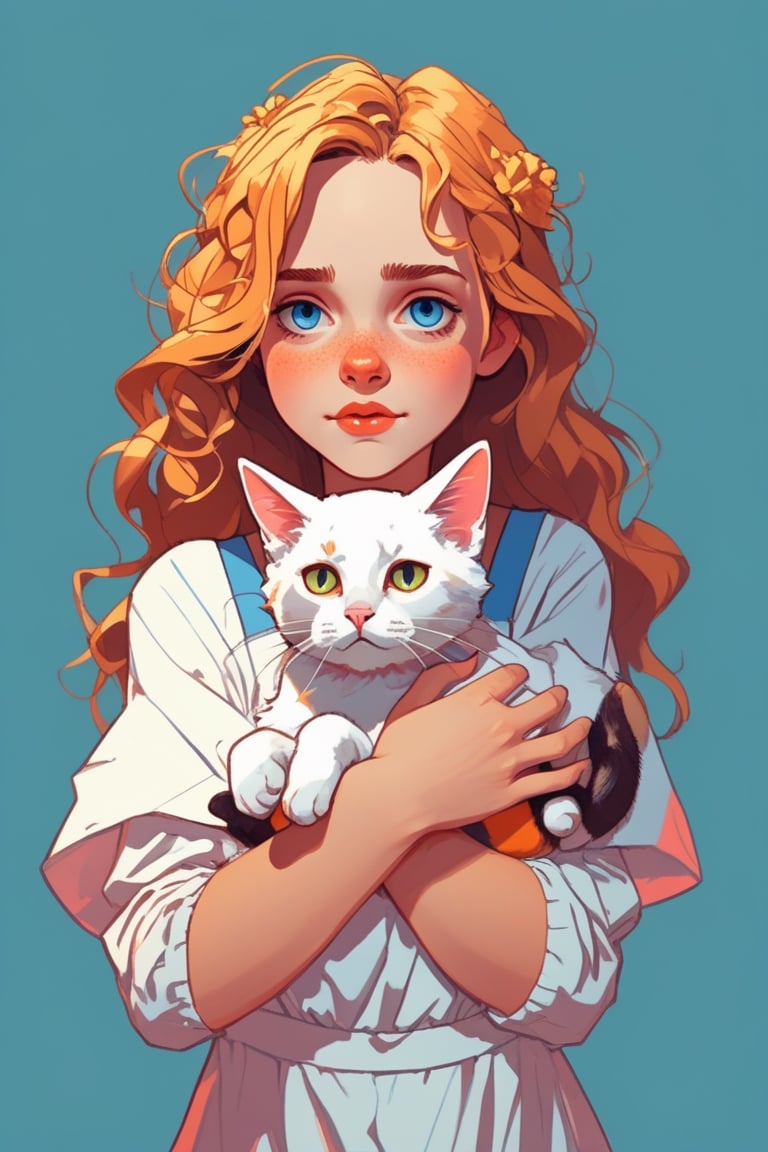 best quality, Disney style, atey ghailan, Laurie Greasley, posuka demizu, kawacy, upper body portrait, Daisy girl holding a cute chibi cat, wearing a v-neck white dress, high contrast, hdr, udh, anime aesthetic, cinematic, highly detailed, masterpiece, 3d, unreal engine, Simple character illustration, Keith Haring style doodle, sharpie illustration, bold lines and solid colours, simple details, minimalism, 