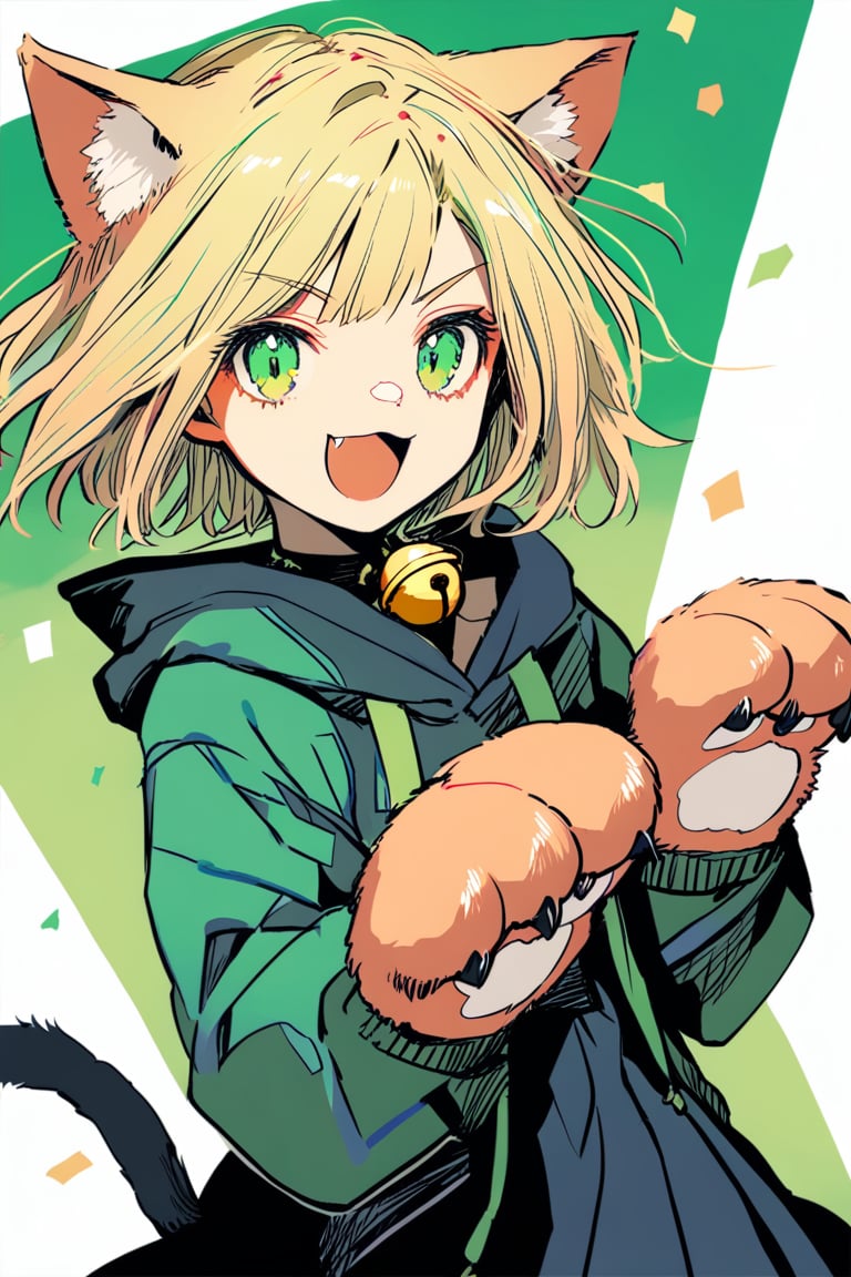 (by inaeda kei:1.3), (by aburaeoyaji:1.15), (by sudach_koppe:1.15), general, solo,  1girl, green ribbon, two-tone background, dress, hoodie, tail bell, short hair, cat tail, cat girl, happy, looking at viewer, open mouth, white border, neck bell, animal nose, v-shaped eyebrows, cat paws, blonde hair, hood down, animal ear fluff, bold outlines, flat colors, and dramatic lighting, 