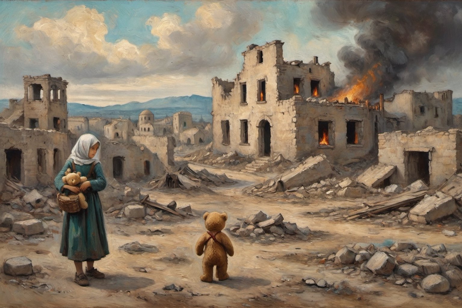 Oil painting. War in Palestine. A little crying girl with a teddy bear stands near the ruins of her house. Rubble, dust, dust, smoke, fire [style: Vincent van Gogh and Leonardo da Vinci]
