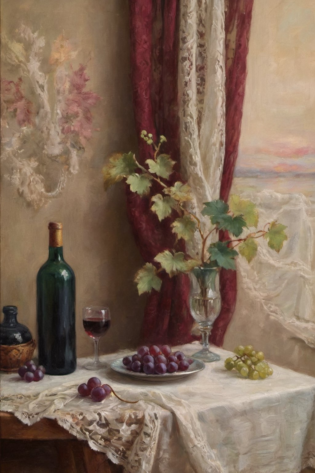 Still life oil painting. On the table, on a pleated, lace tablecloth, there is a large plate ((one plate)) with red grapes with leaves in the color of rotten green with a touch of yellow and burgundy. Next to it there is a glass and a beautiful carafe of red wine (beautifully illuminated). Sharp foreground. The perfect composition according to the golden ratio rule. Beautiful embroidered silk curtains, colors, beautiful side light. A masterpiece of painting in the style of Henri Fantin-Latour,painting