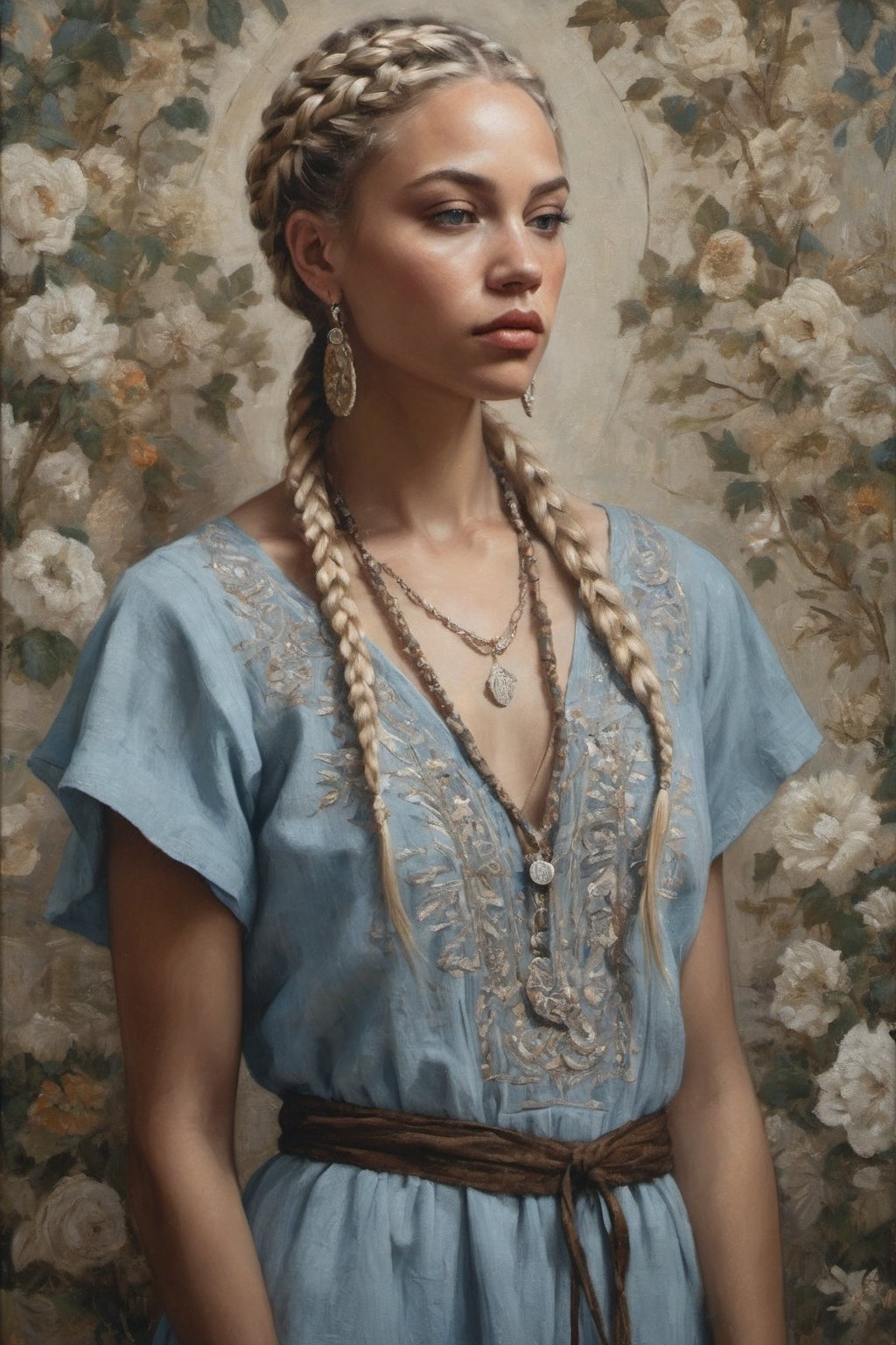 A sensual goddess with blonde braids, dressed in a light blue linen embroidered dress. cinematic lighting, dark tones, incredibly detailed, realistic, figurative painting with intricate detail and sharp focus.