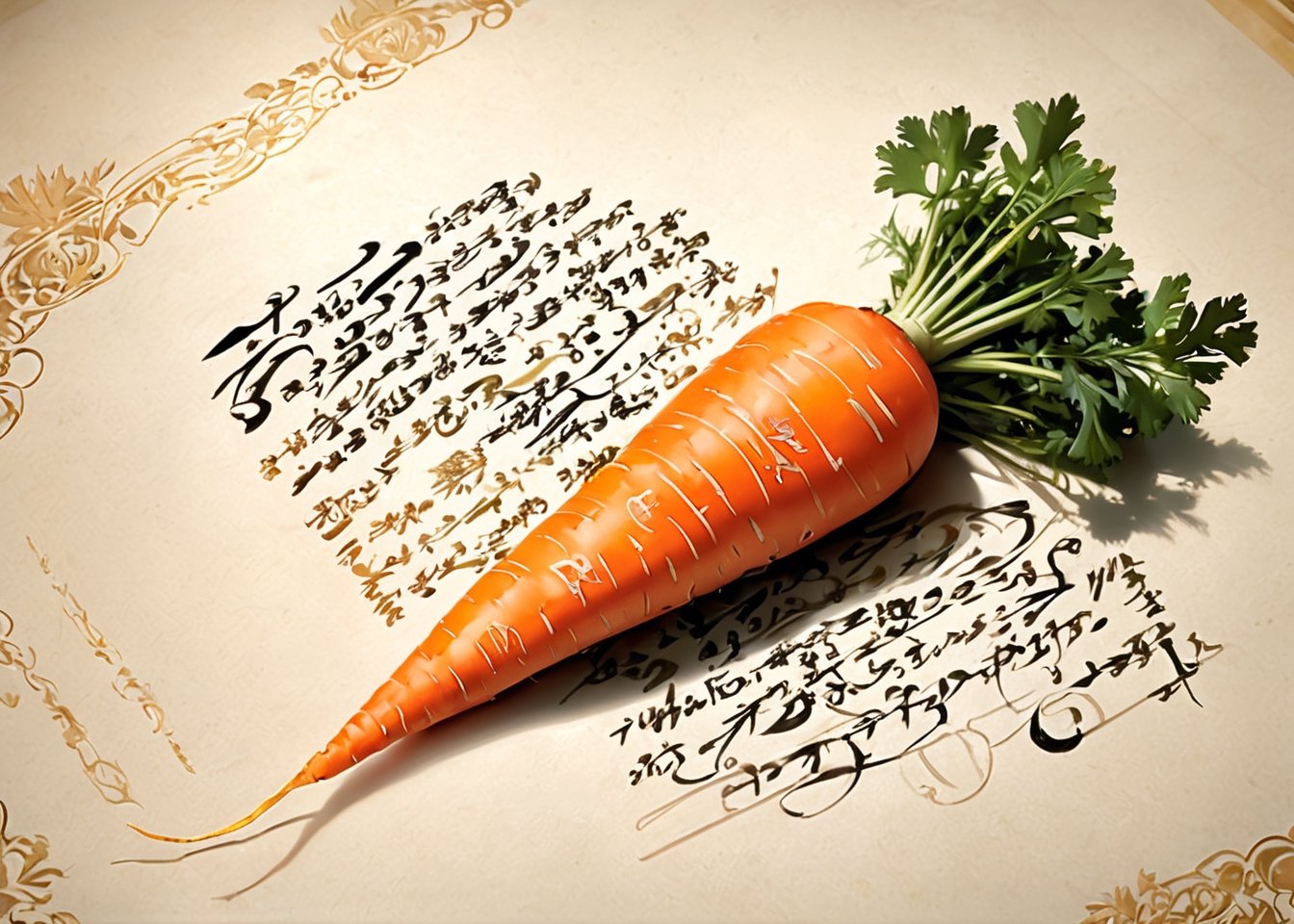 sacred carrot,calligraphy,lacquerwork,engraving,score_9,score_8_up,score_7_up,realistic,hyperrealism,