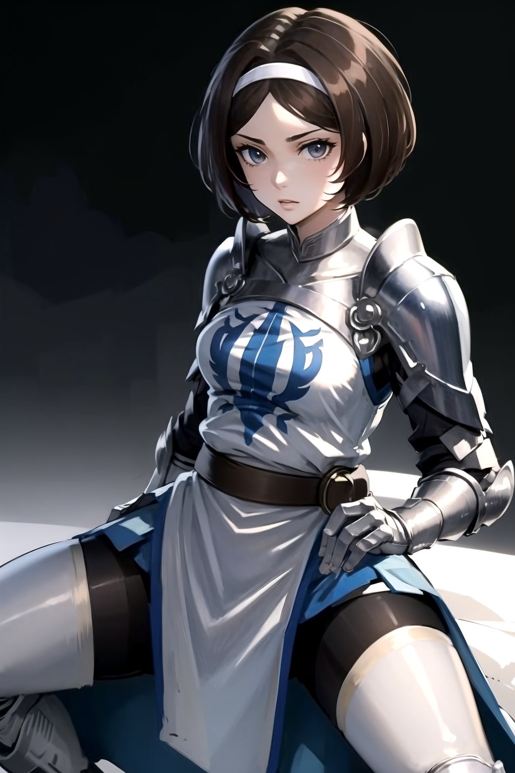 //Quality,
masterpiece, best quality
,//Character,
1girl, solo
,//Fashion, 
,//Background,
white_background
,//Others,
,spread legs, 
Remedios, short hair, hair band, brown hair, armor