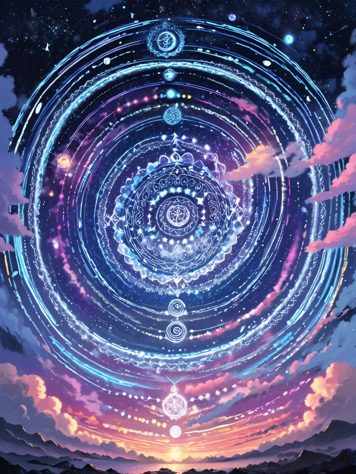 {{masterpiece}},best quality},{highres}, santa,solo,detailed face,night with bright colorful lights whith richly layered clouds and clouded moon in the detailed sky, When the magic circle is activated, the runes and energies on each circle will be interconnected to form a complete magic network