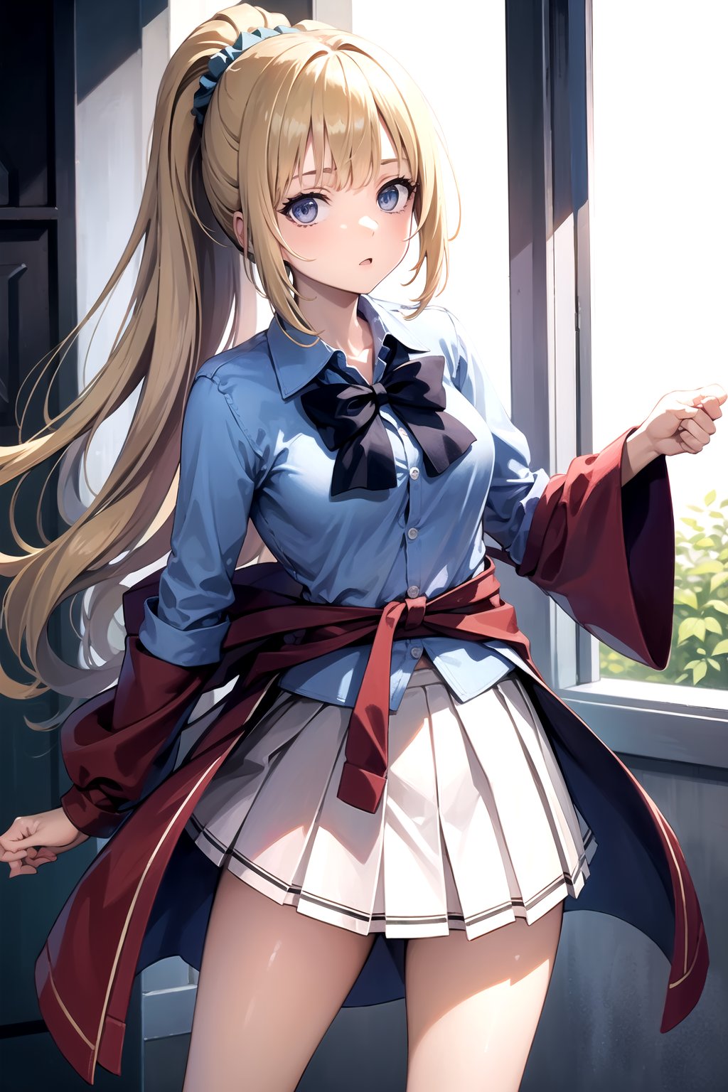 //Quality,
masterpiece, best quality
,//Character,
1girl, solo
,//Fashion, 
,//Background,
white_background
,//Others,
,spread legs, 
,aakei, long hair, blonde hair, ponytail, hair scrunchie, blue bowtie, collared shirt, blue shirt, sleeves rolled up, clothes around waist, pleated skirt, white skirt