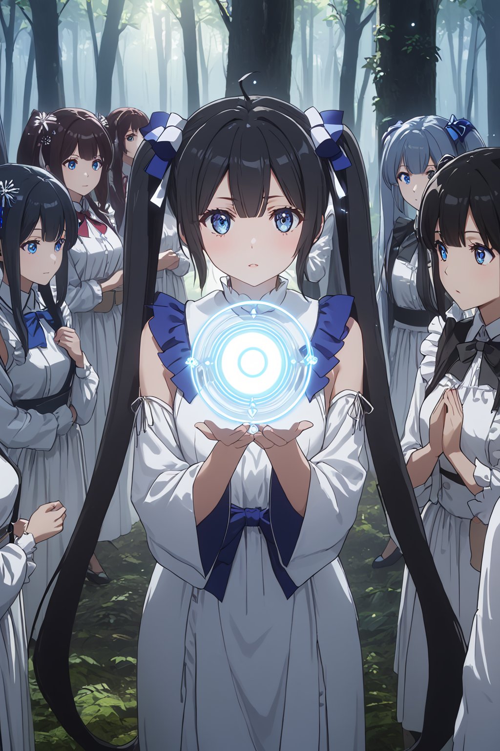 score_9,score_8_up,score_7_up,score_6_up, masterpiece, best quality, highres
,//Character, 
1girl,hestia, black hair, blue eyes,
twin tails/long hair, hair ornament
,//Fashion, 

,//Background, 
,//Others, ,Expressiveh,LOLA_SO6, 
Group of women gathered in a forest clearing, performing a protective ritual, glowing magical circles, determination on their faces